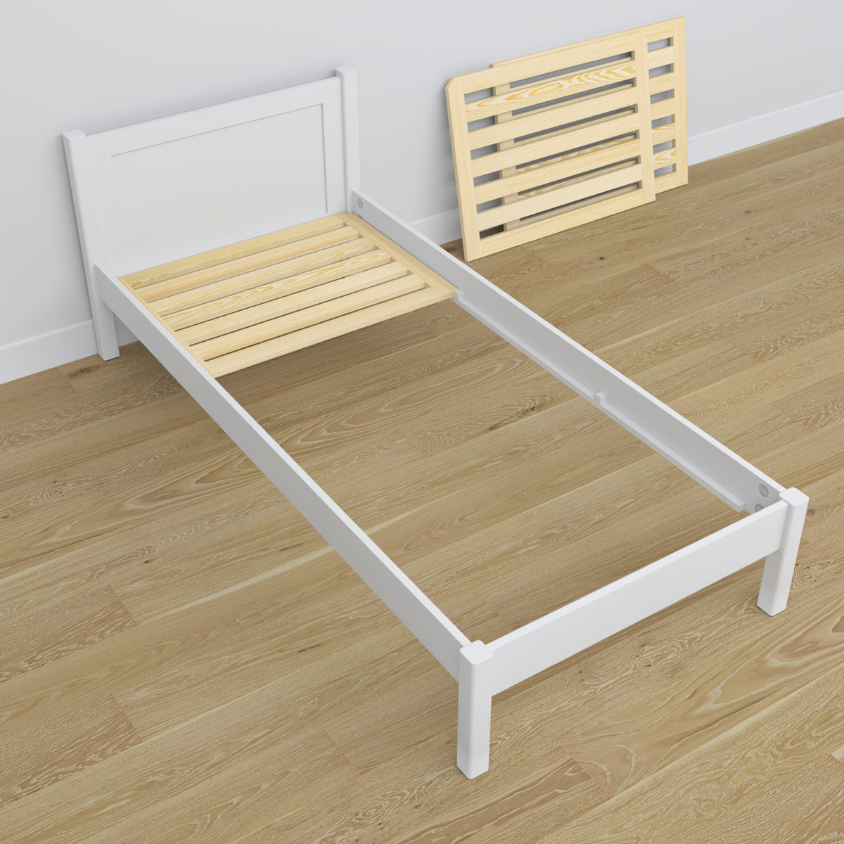 Single wooden bed white – angled view, scandi children’s room