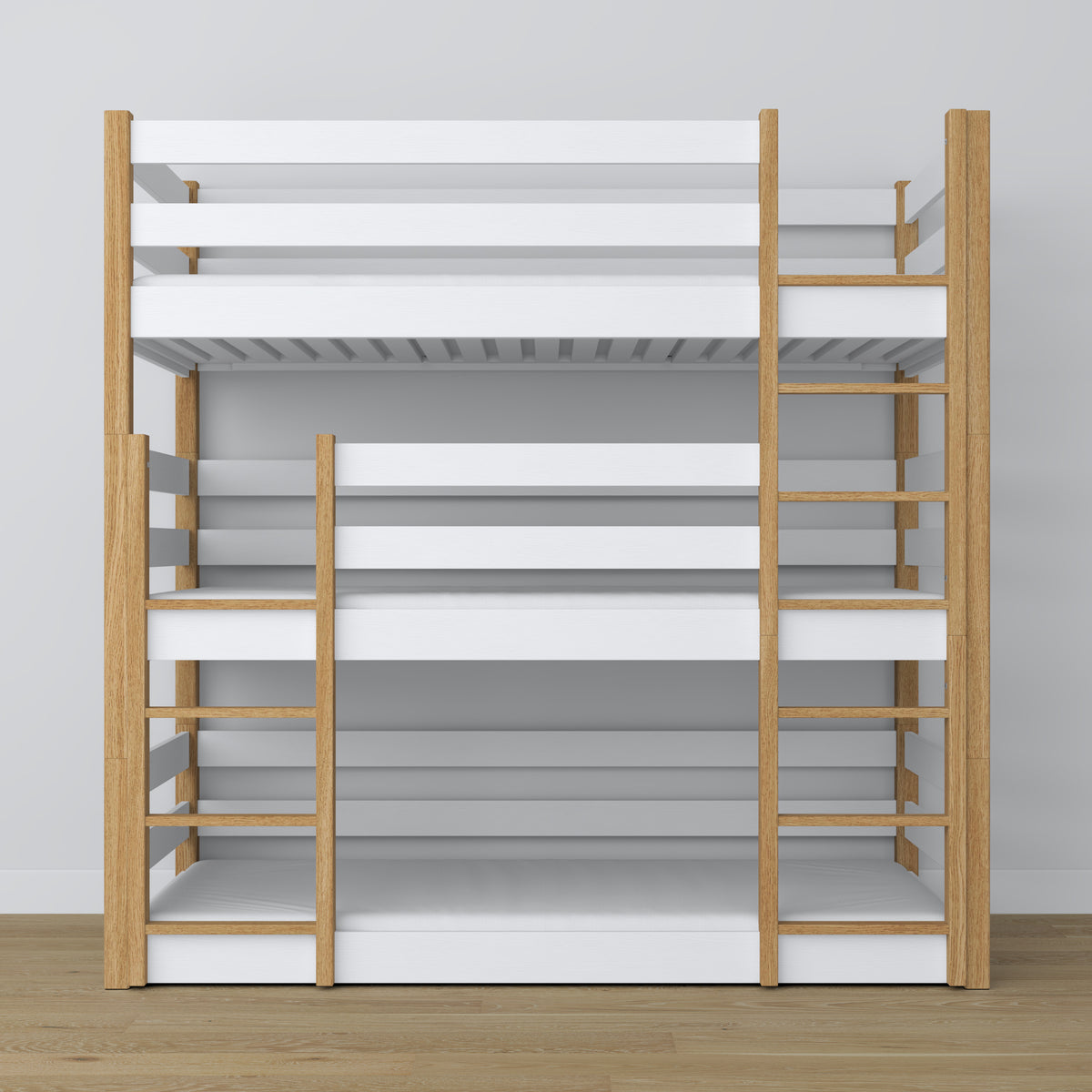 3-verdiepingen bed wit met eiken – ladder en veiligheidsrails, houten