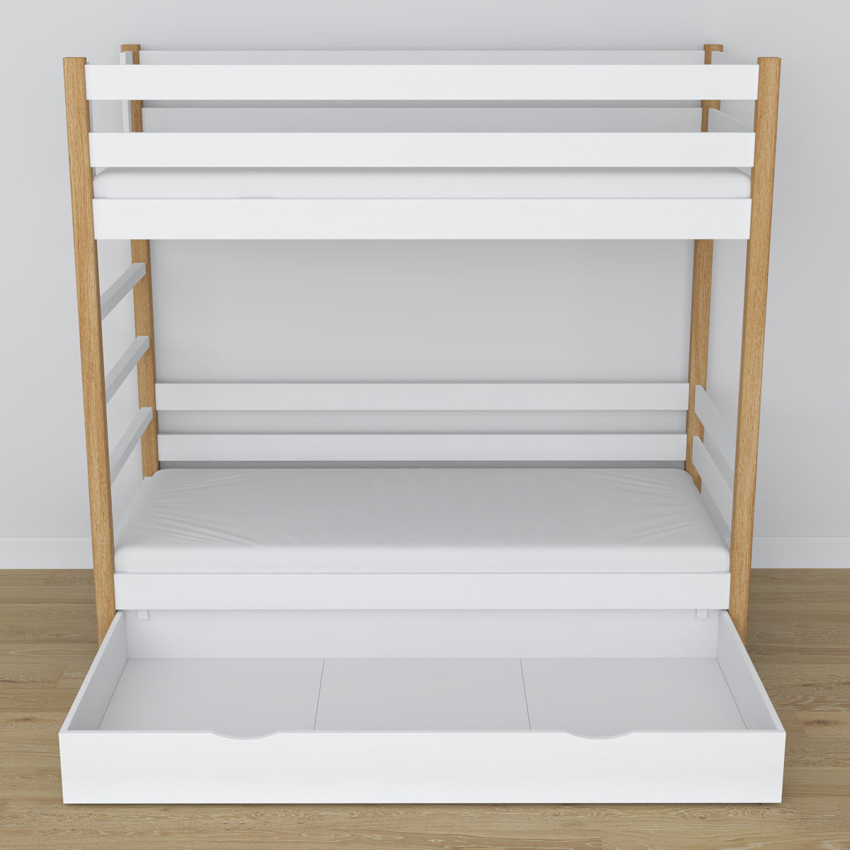 Stapelbed houten wit-eiken met lade – inrichting kinderkamer scandi