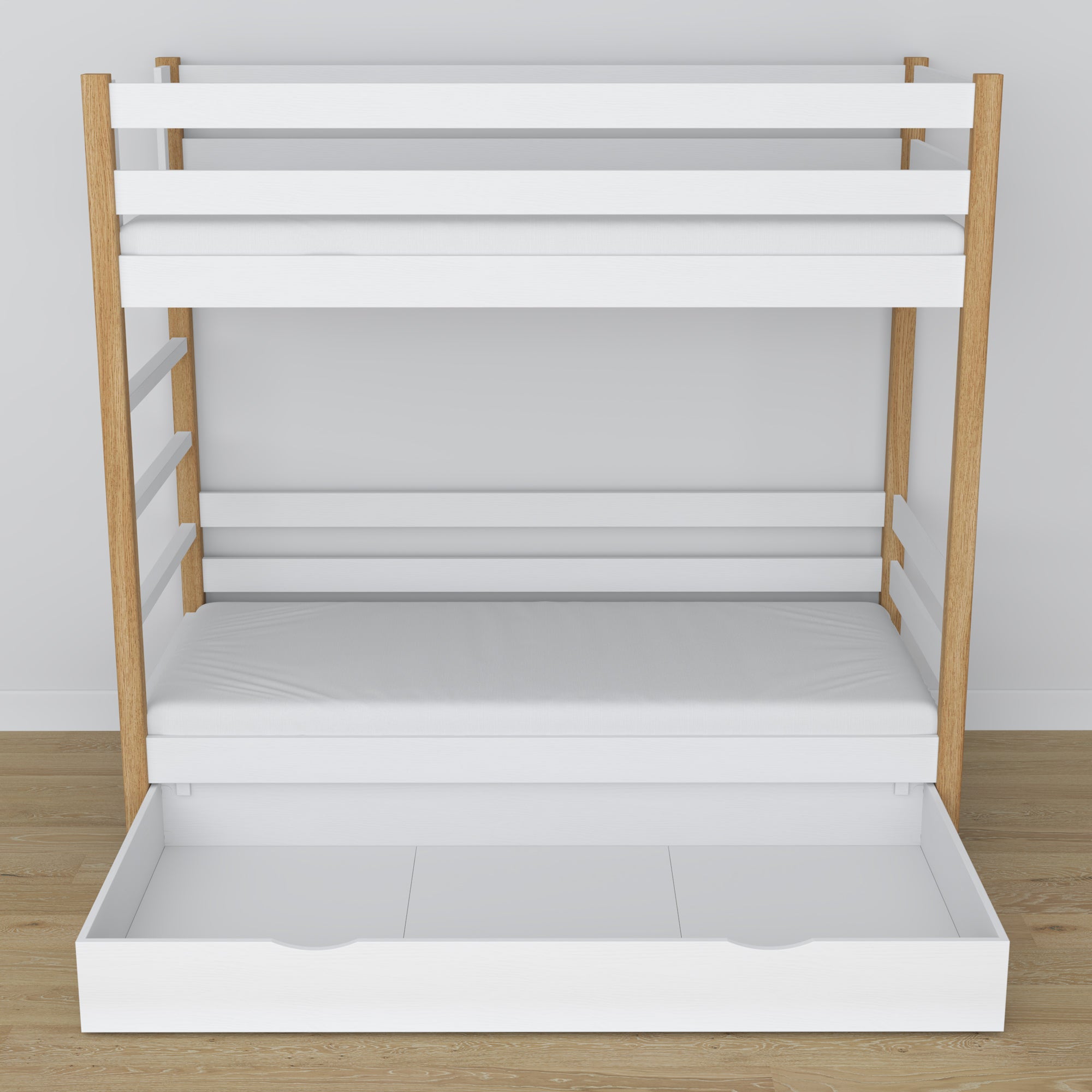 Stapelbed houten wit-eiken met lade – inrichting kinderkamer scandi