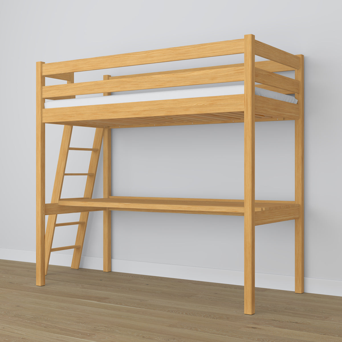 Hoogslaper naturel grenen – bureau houten onder slaapgedeelte, scandi kinderkamer