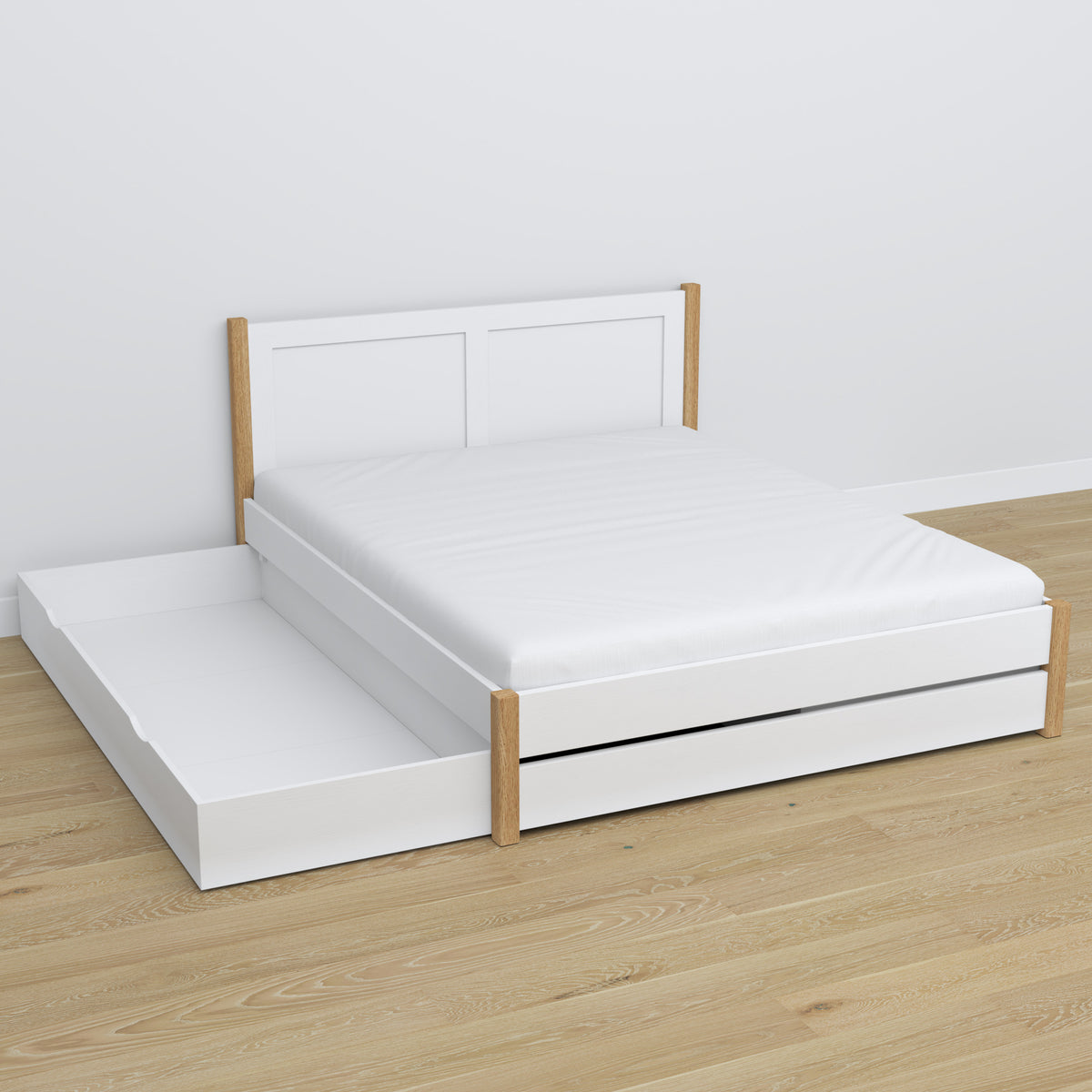 Houten tweepersoonsbed met lade wit met eiken – lade open, ruim interieur