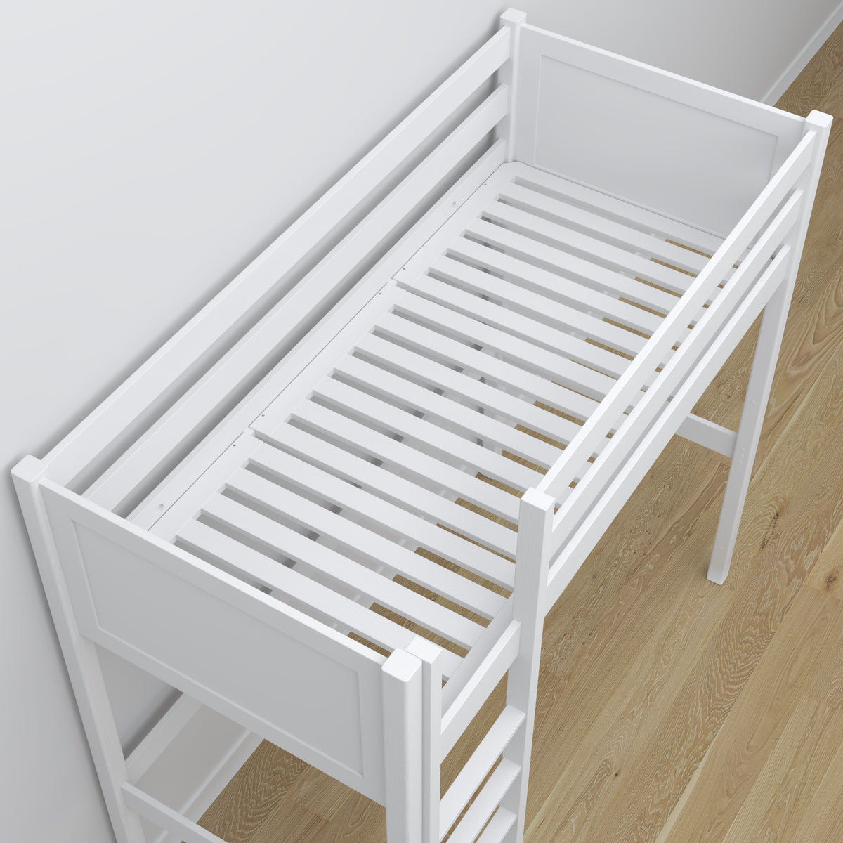 Lit mezzanine avec bureau en bois blanc – détails des assemblages et de l'échelle