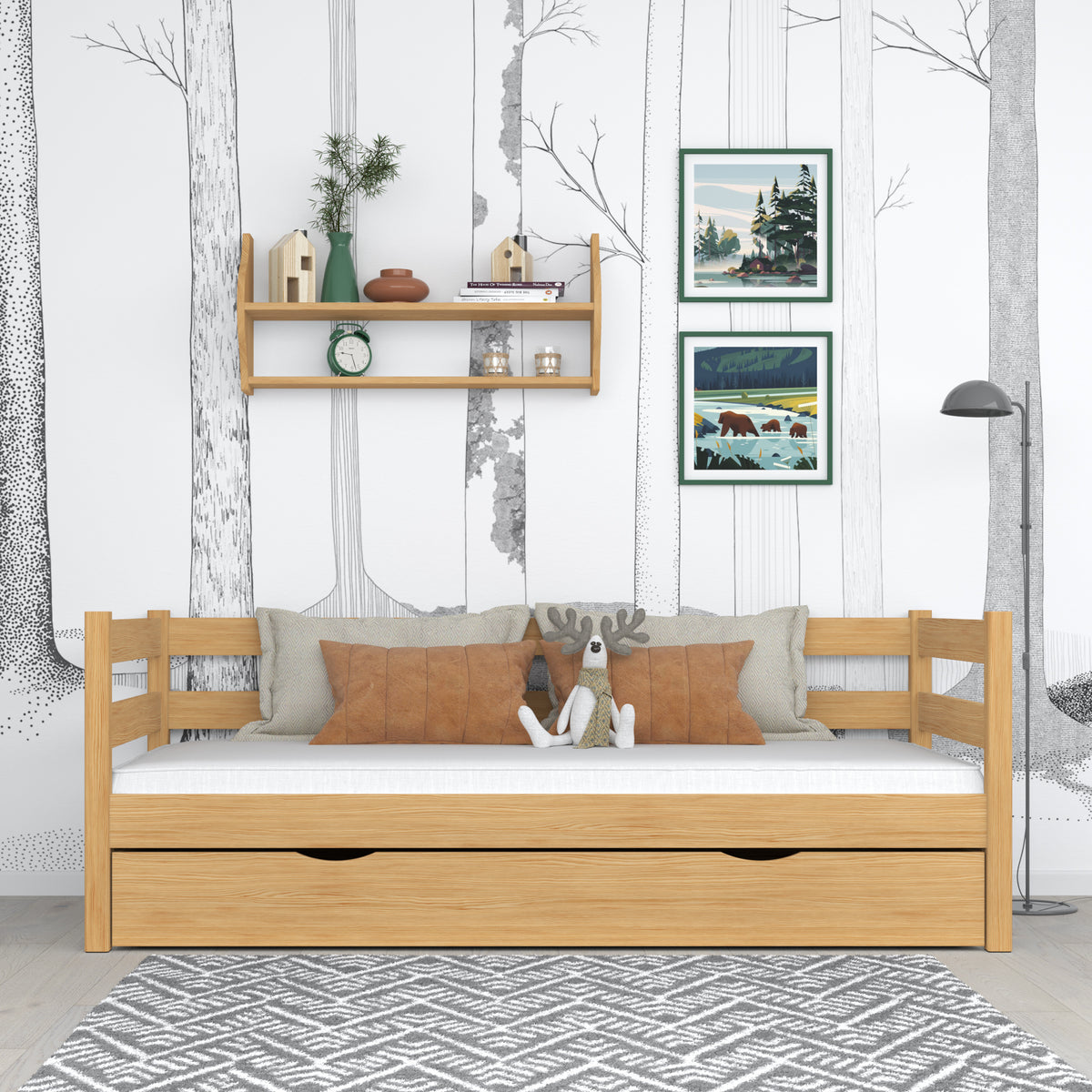 Łóżko sofa z szufladą N01 sosna naturalna – widok z boku, solidna konstrukcja drewniana