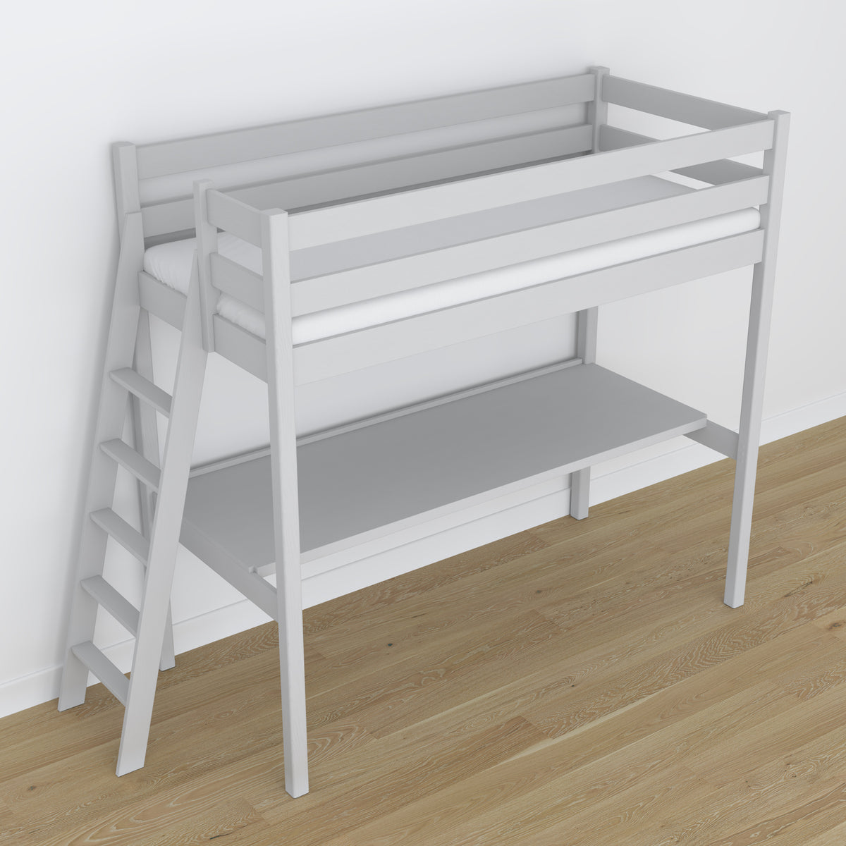 Hoogslaperbed grijs van hout – bovenaanzicht slaapkamer, Nizio