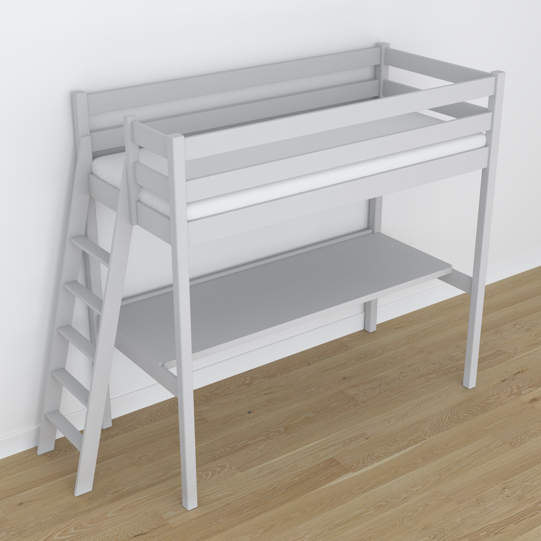 Hoogslaperbed grijs van hout – bovenaanzicht slaapkamer, Nizio
