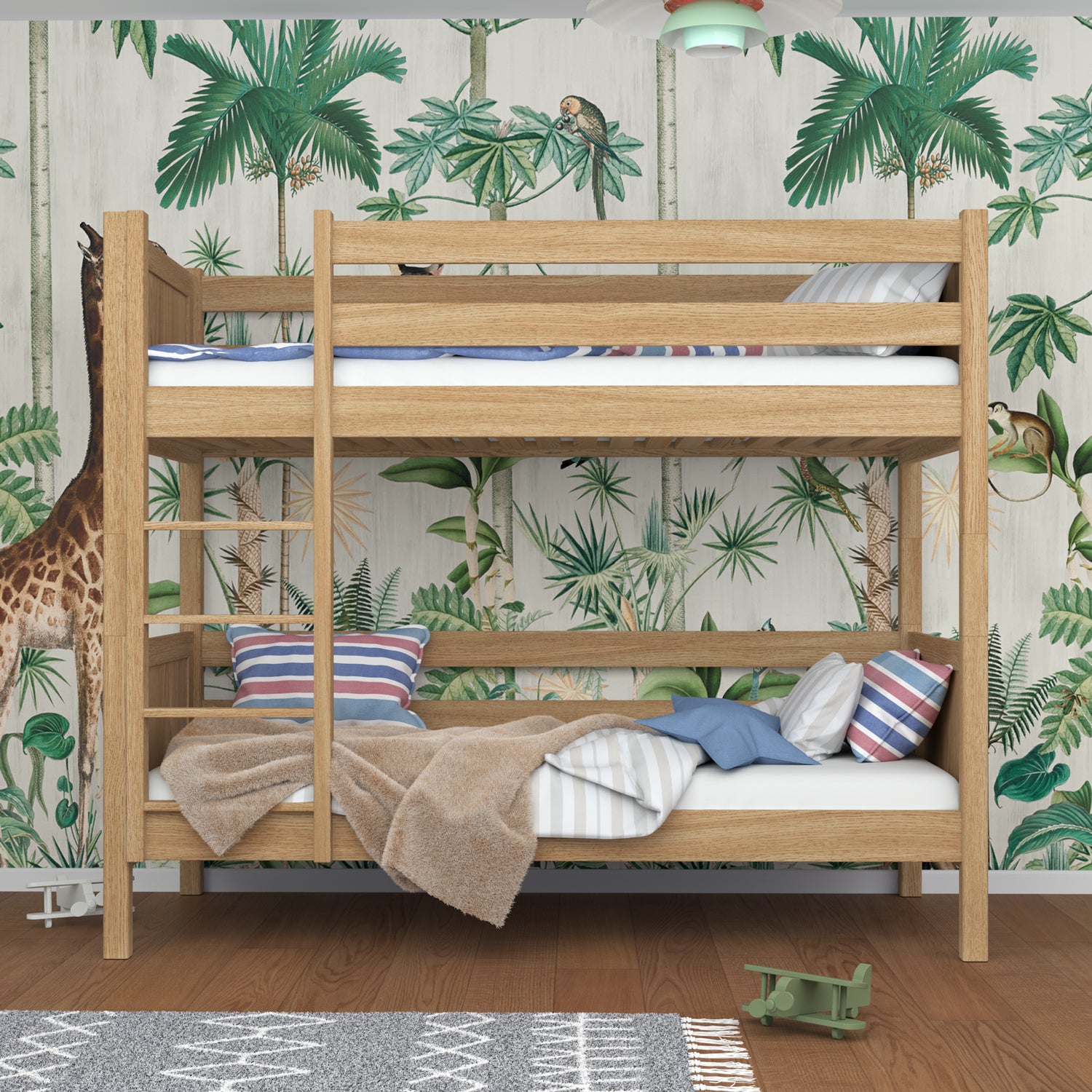 Stapelbed naturel eiken – ladder en bedhekje eiken, Nizio Home