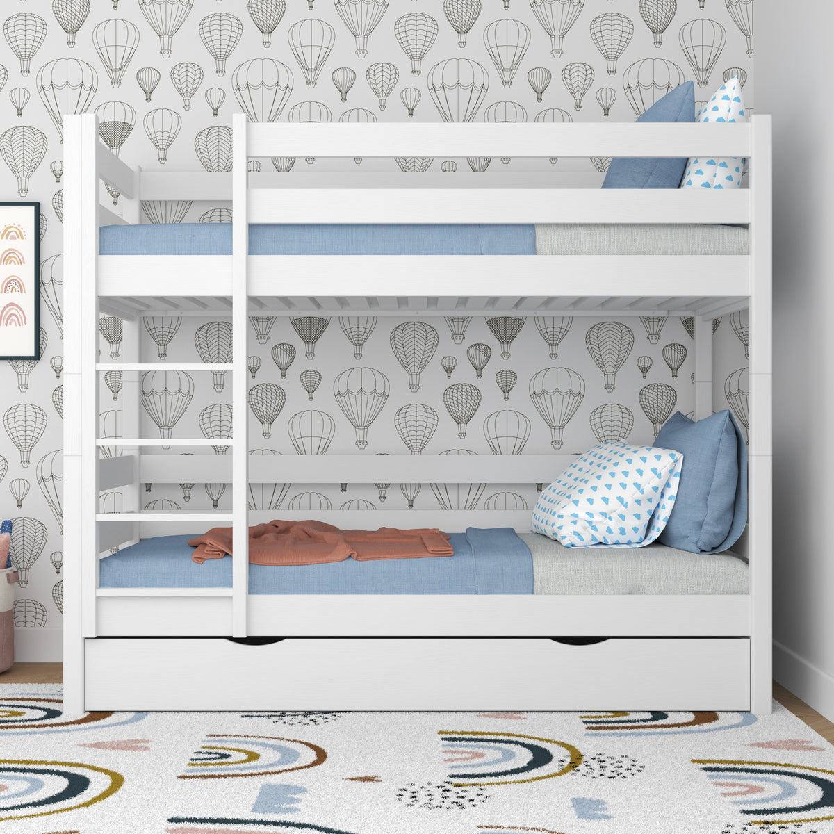 Lit superposé blanc z tiroir – barrière i échelle en bois, Nizio
