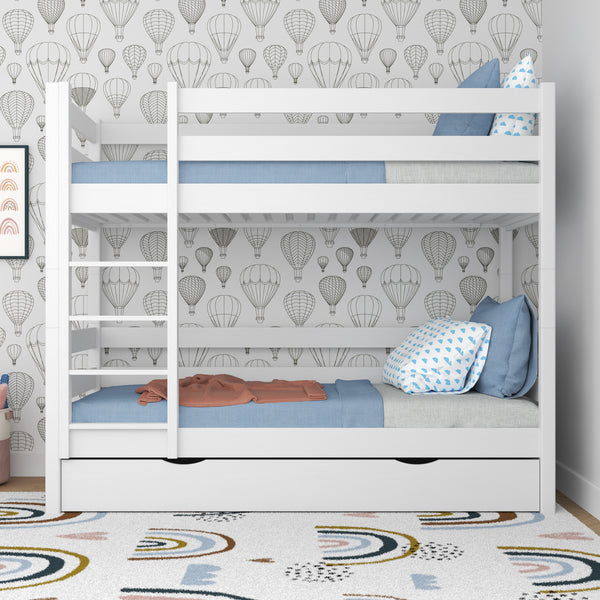 Lit superposé blanc z tiroir – barrière i échelle en bois, Nizio