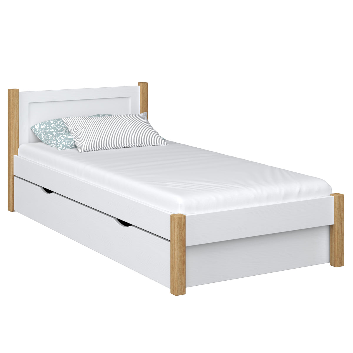 Wooden bed with drawer white-oak – open drawer, storage interior