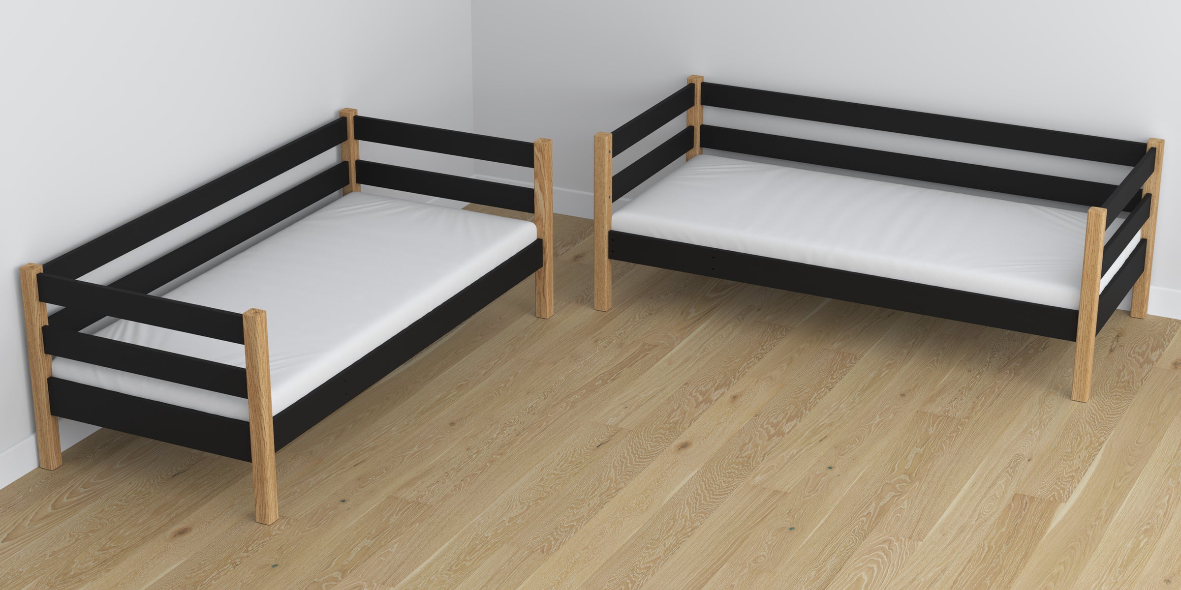 Black and Oak Wooden Bunk Bed with Drawer – Scandi Children’s Room Arrangement