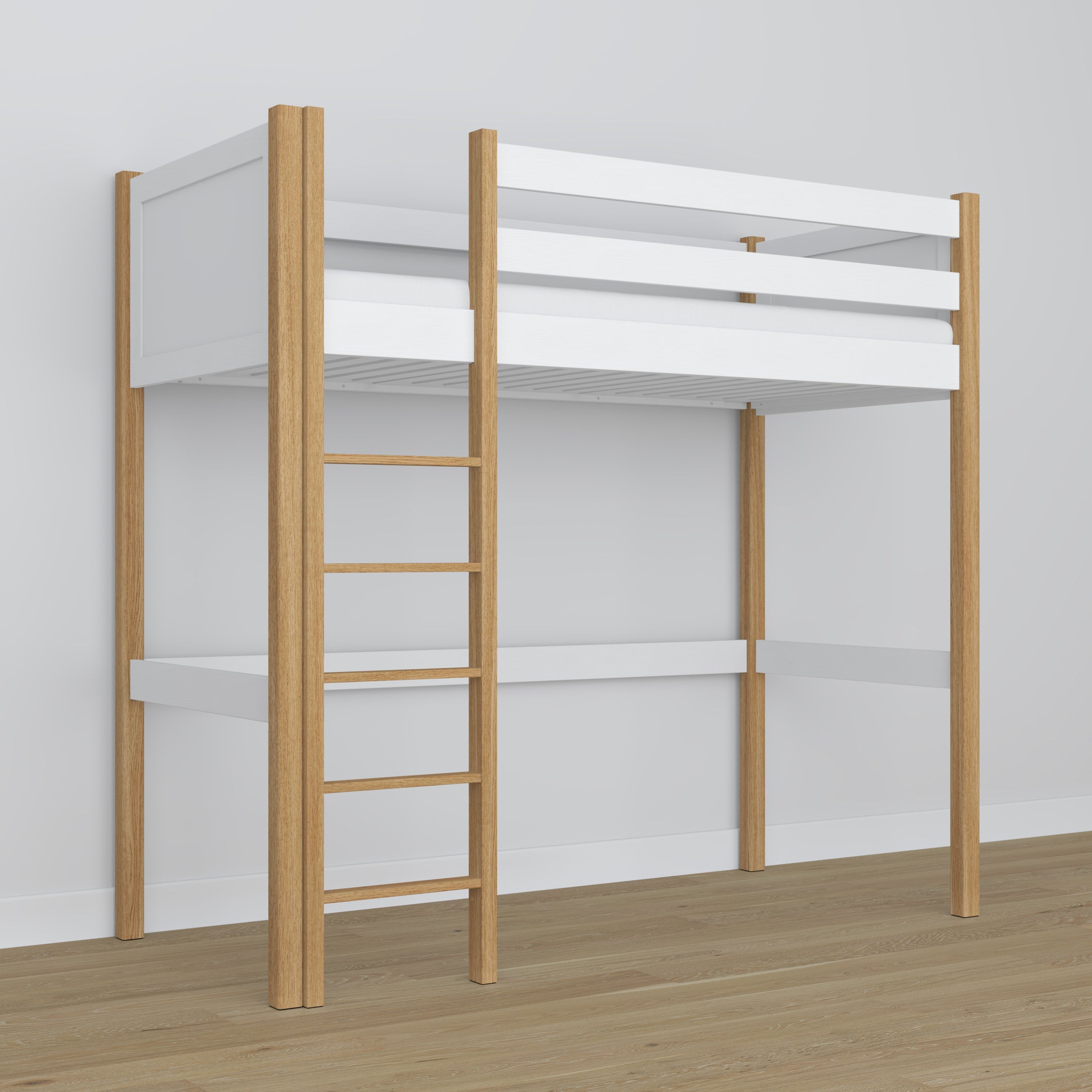 Hoogslaperbed wit-eiken van hout – afmetingen en schema, Nizio