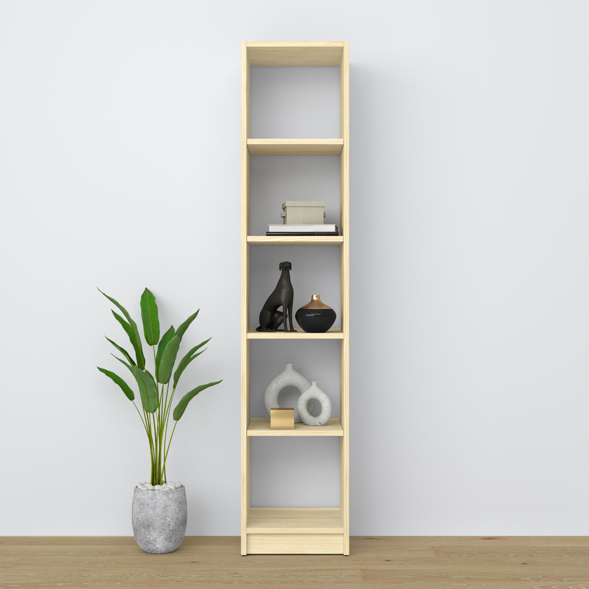 Boekenkast houten transparant grenen – close-up op planken en details, Nizio Home