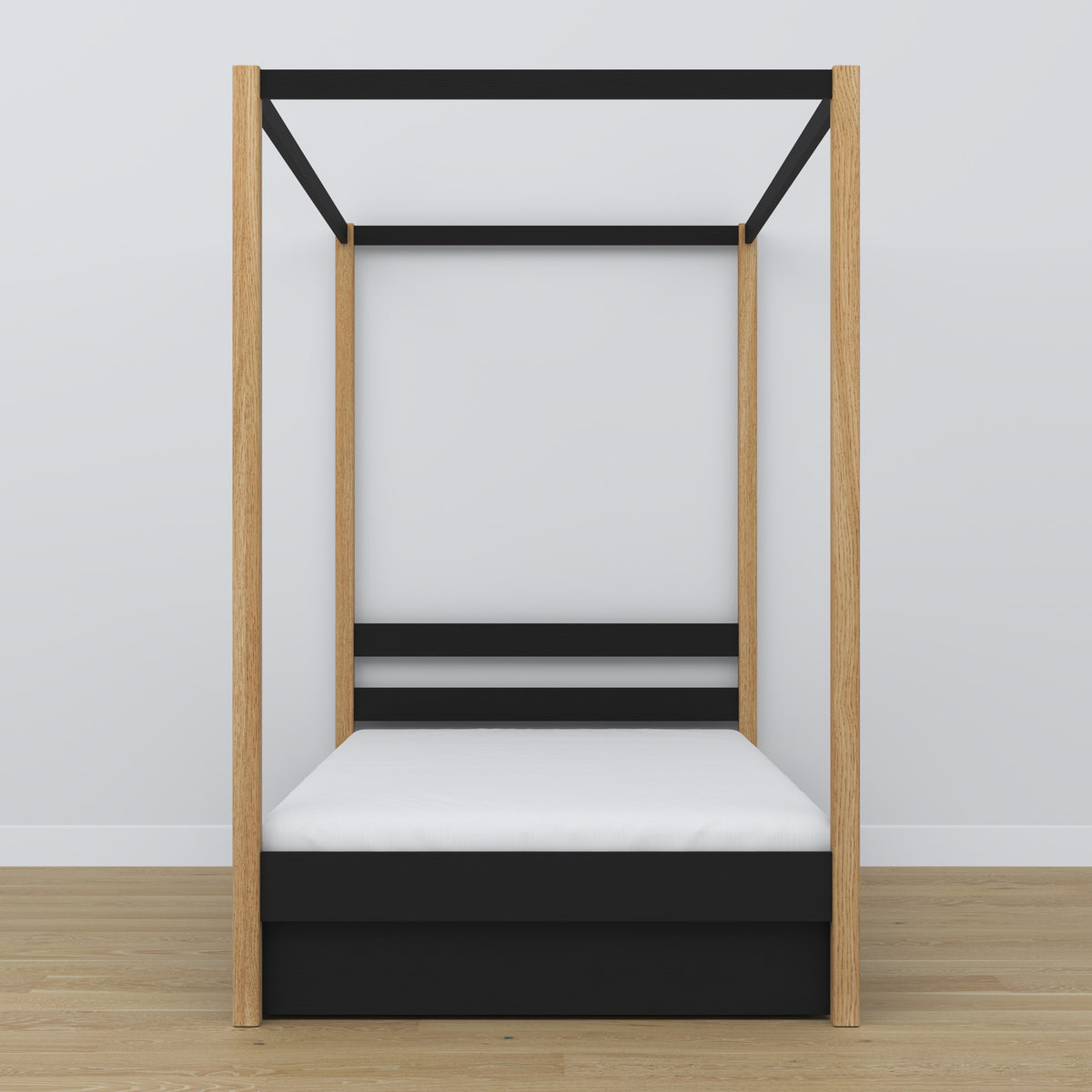 Bed zwart-eiken met hemel – lade open, houten, Nizio Home