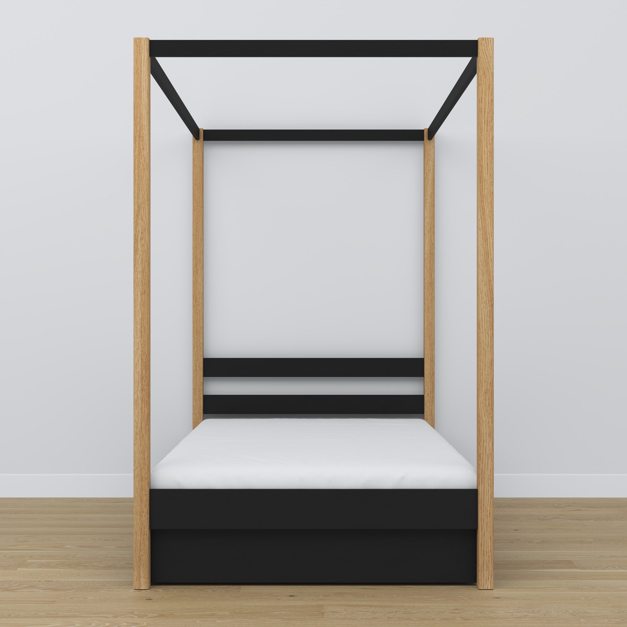 Bed zwart-eiken met hemel – lade open, houten, Nizio Home