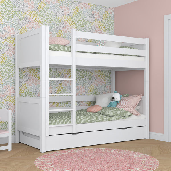 White Bunk Bed with Mattress Drawer – Safety Rail, Wooden, Nizio Home