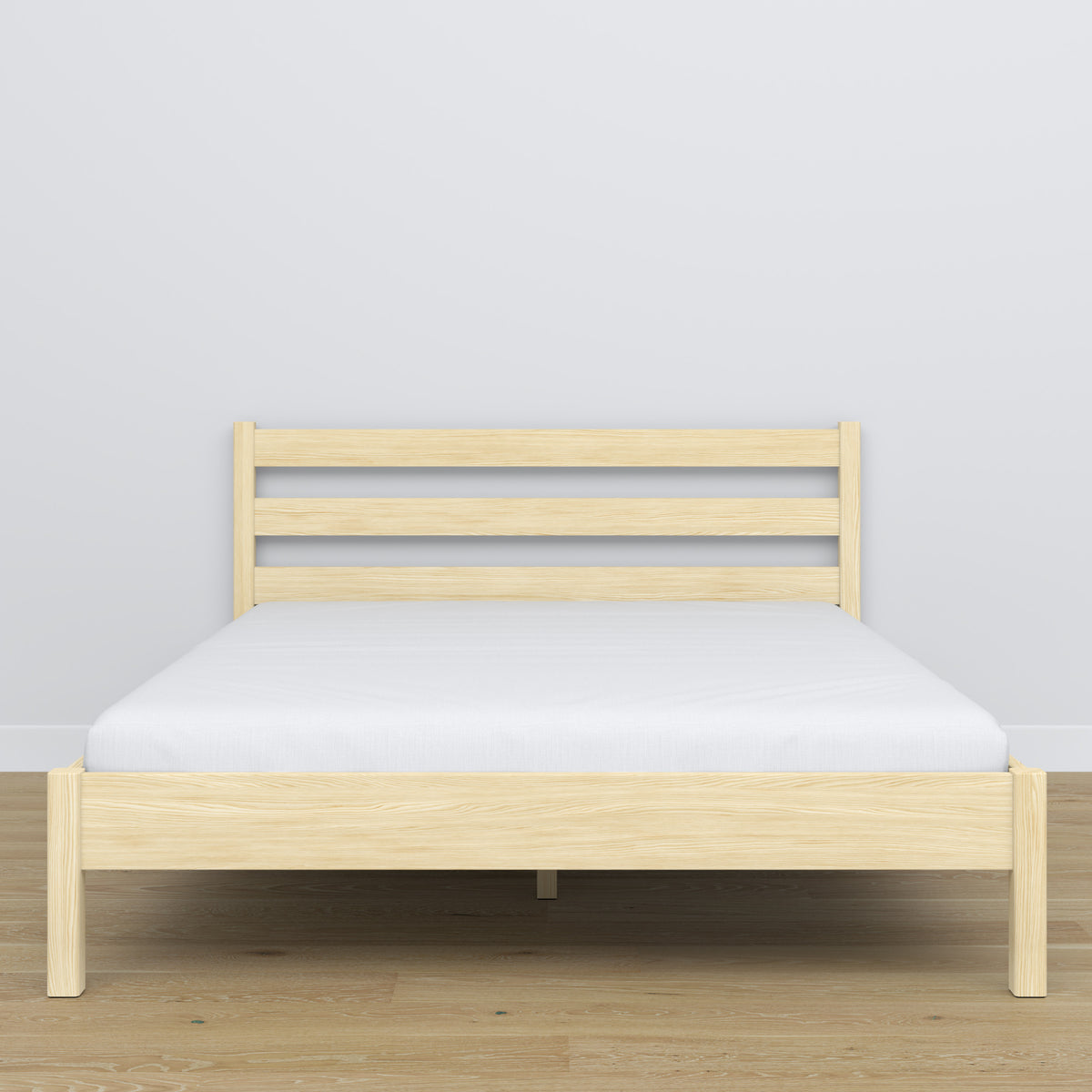 Tweepersoonsbed houten transparant grenen – zijaanzicht, verhoudingen en vorm, slaapkamer
