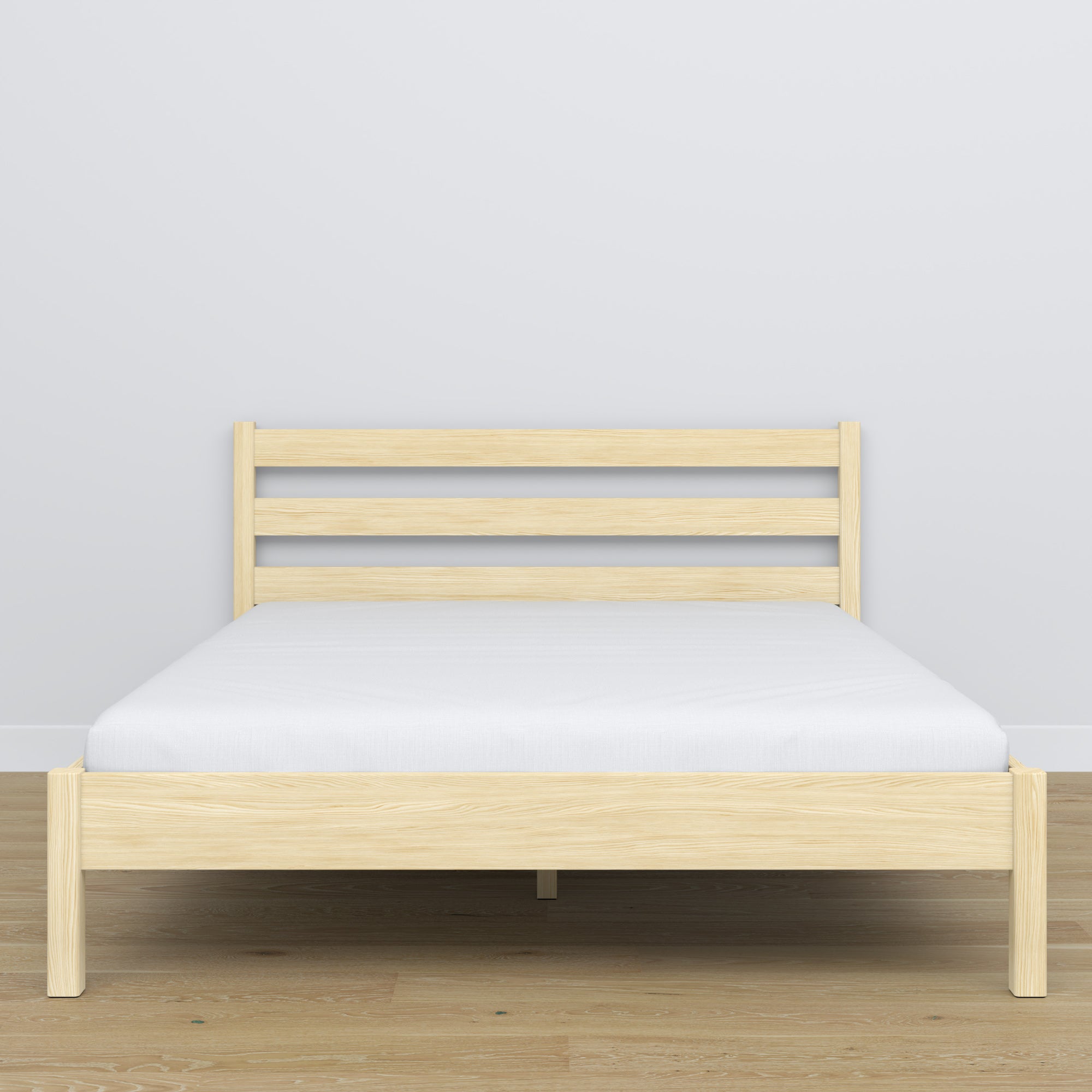 Tweepersoonsbed houten transparant grenen – zijaanzicht, verhoudingen en vorm, slaapkamer