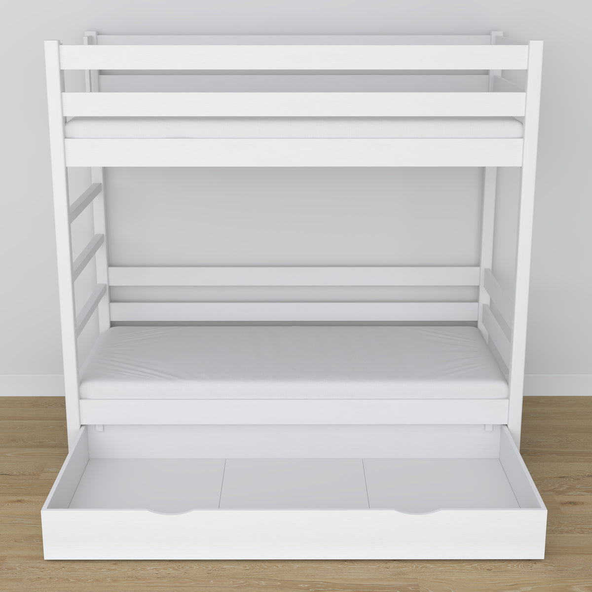 Stapelbed wit – houten frame met latten, zijaanzicht