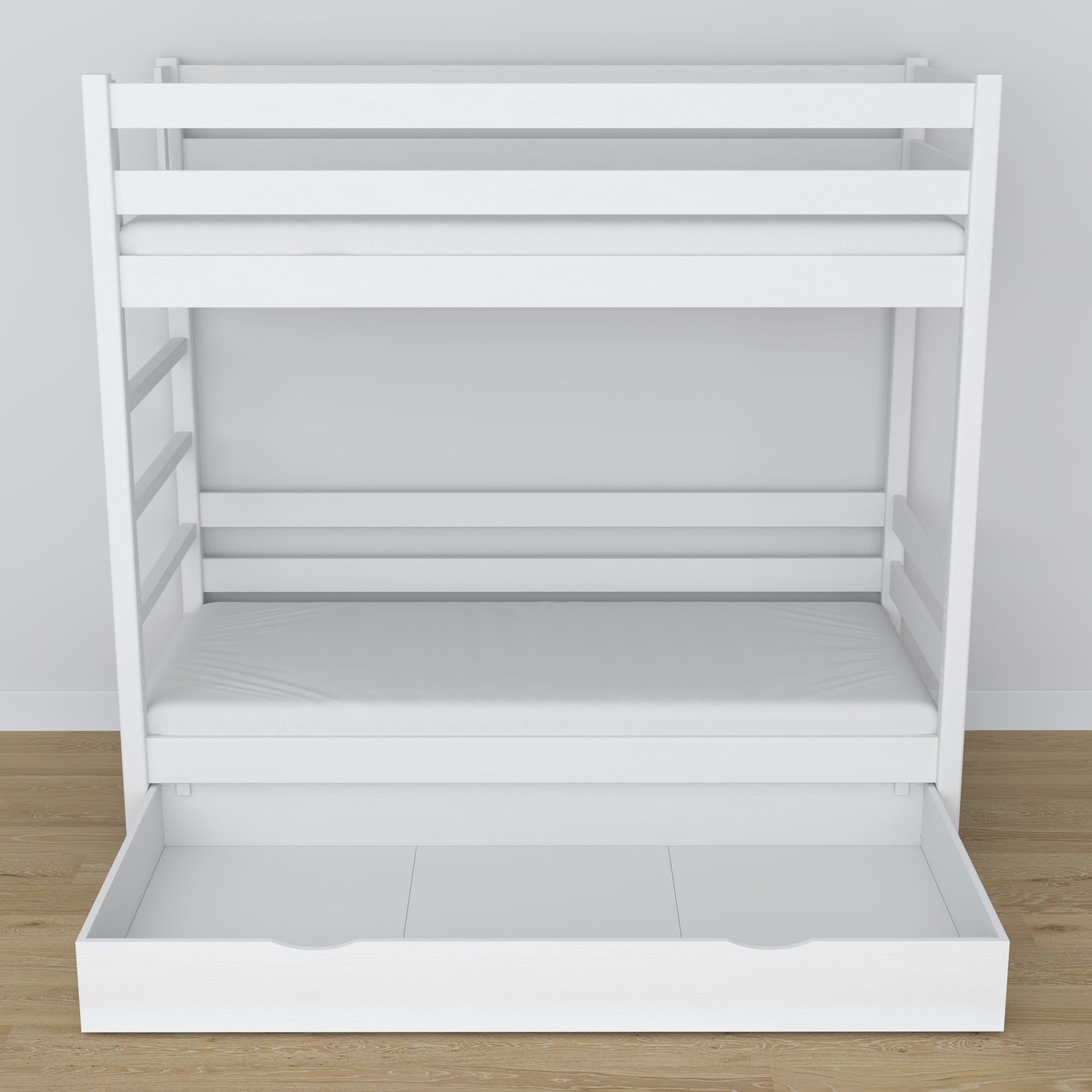 Stapelbed wit – houten frame met latten, zijaanzicht