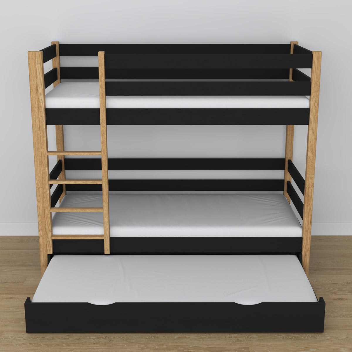 Black and Oak Wooden Bunk Bed – Dimensions and Diagram with Mattress Drawer