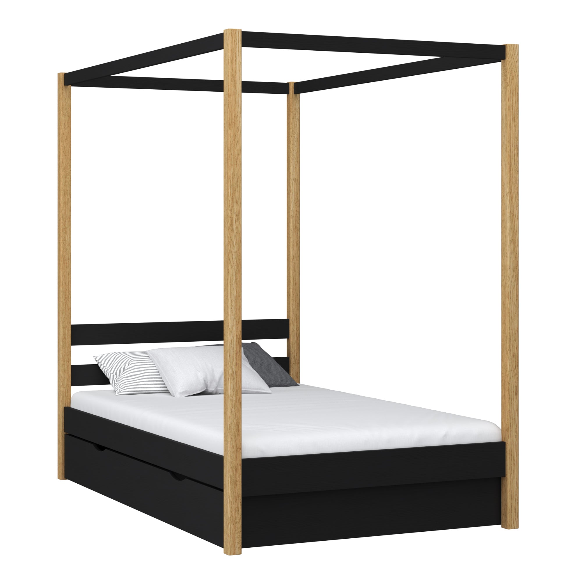 Bed met hemel en lade houten zwart-eiken – kinderkamer, scandi stijl