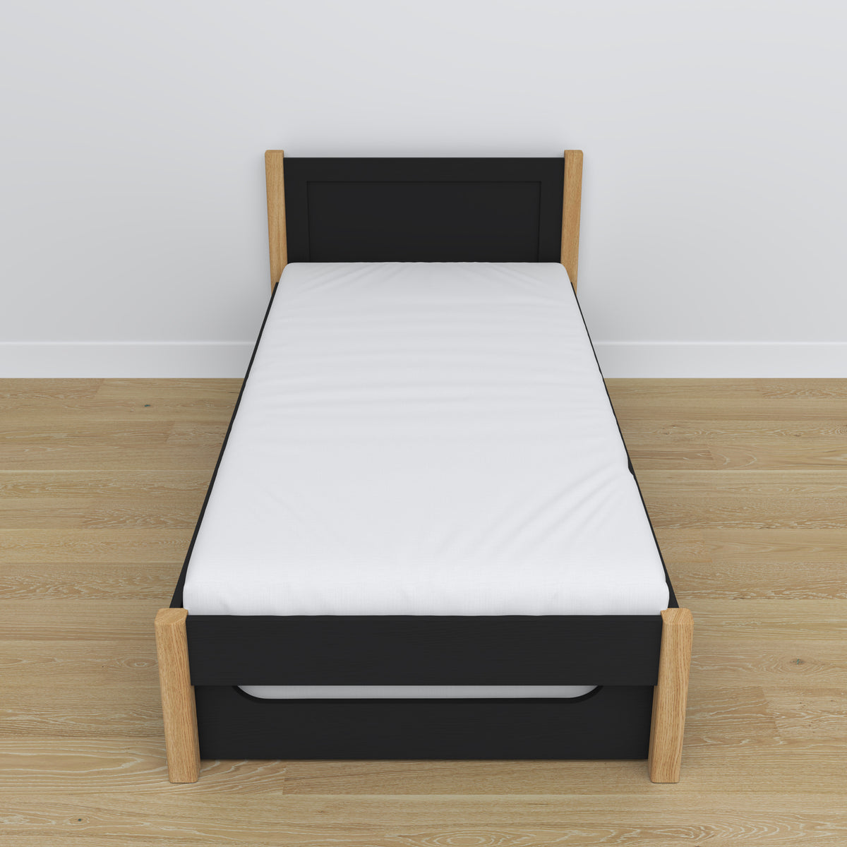 Bed zwart-eiken – lade voor matras, houten details, Nizio Home