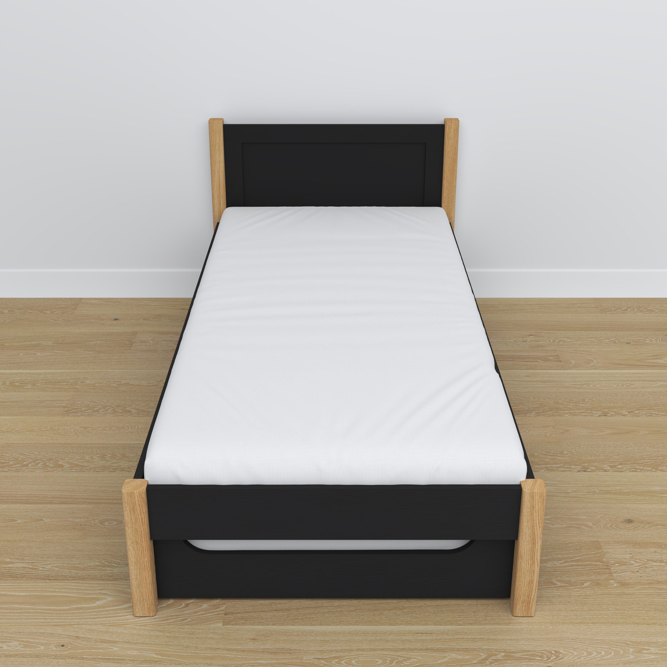 Bed zwart-eiken – lade voor matras, houten details, Nizio Home