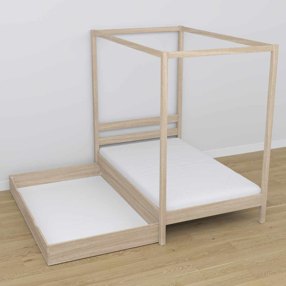 Bed gewit eiken met hemel en lade – zijaanzicht, eikenhouten