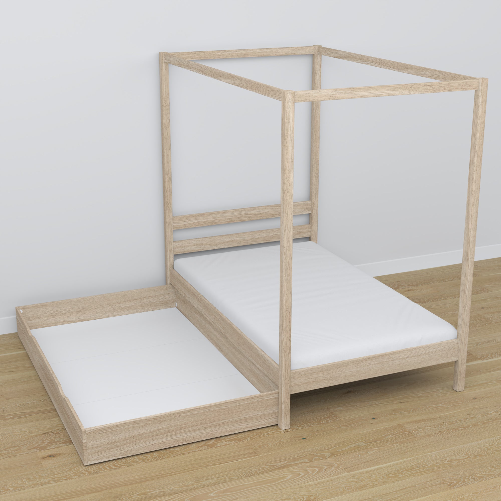 Bed gewit eiken met hemel en lade – zijaanzicht, eikenhouten