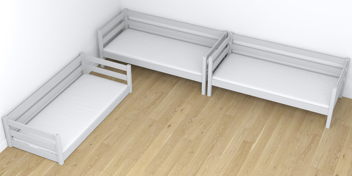Drielaags stapelbed houten grijs – close-up van verbindingen en constructiedetails