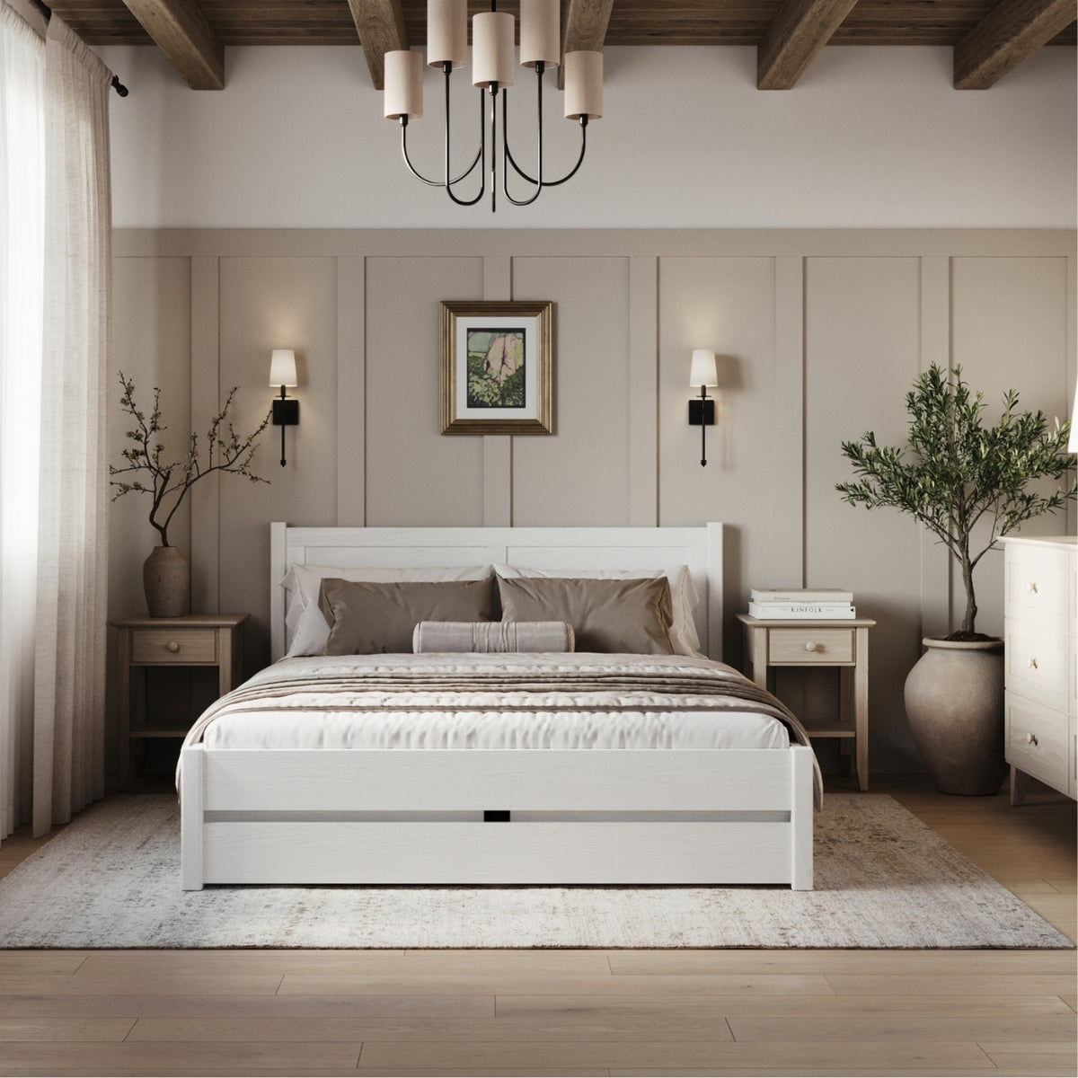 Tweepersoonsbed wit met lade – houten hoofdeinde, close-up