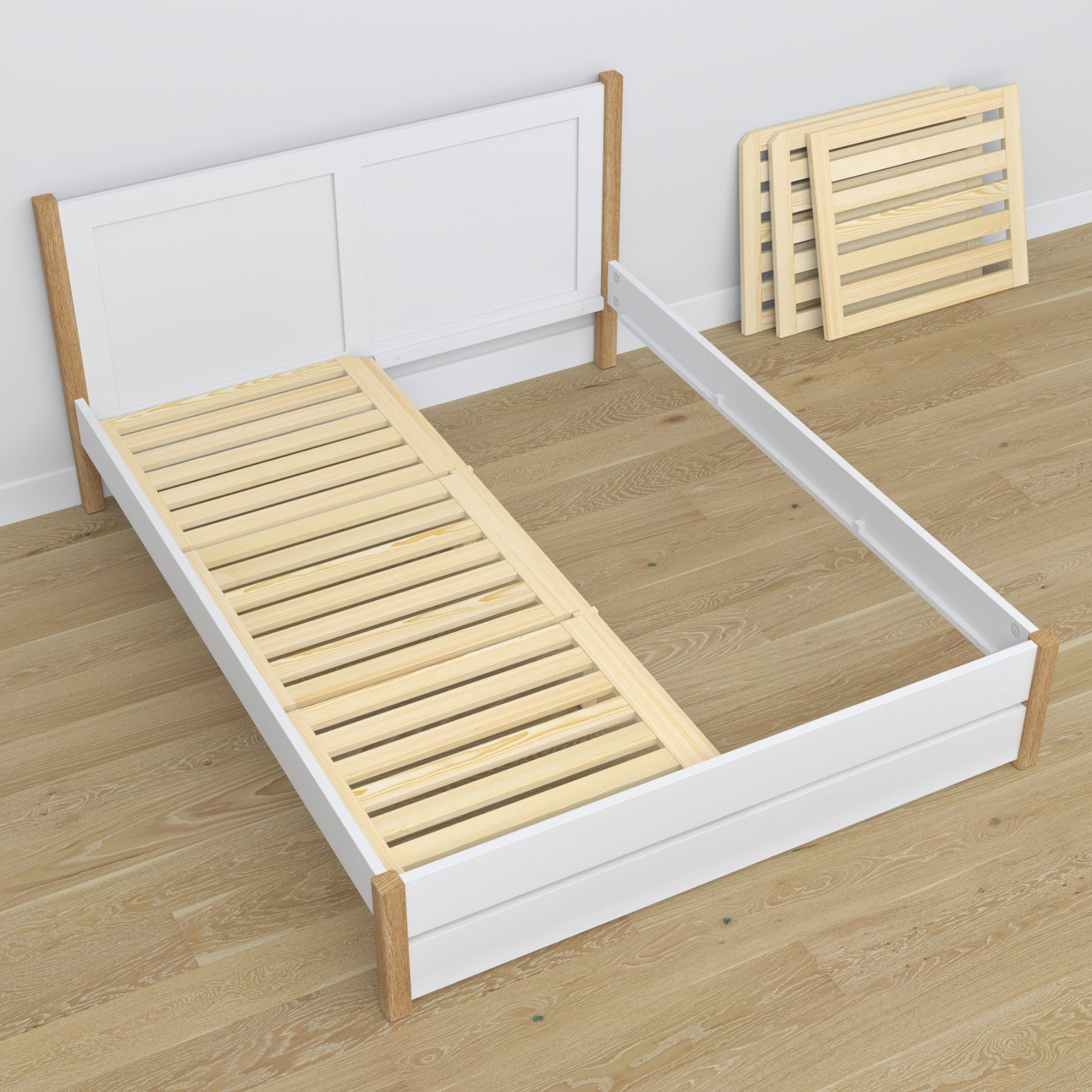 Tweepersoonsbed wit met eiken van hout – afmetingen en schema, Nizio Home