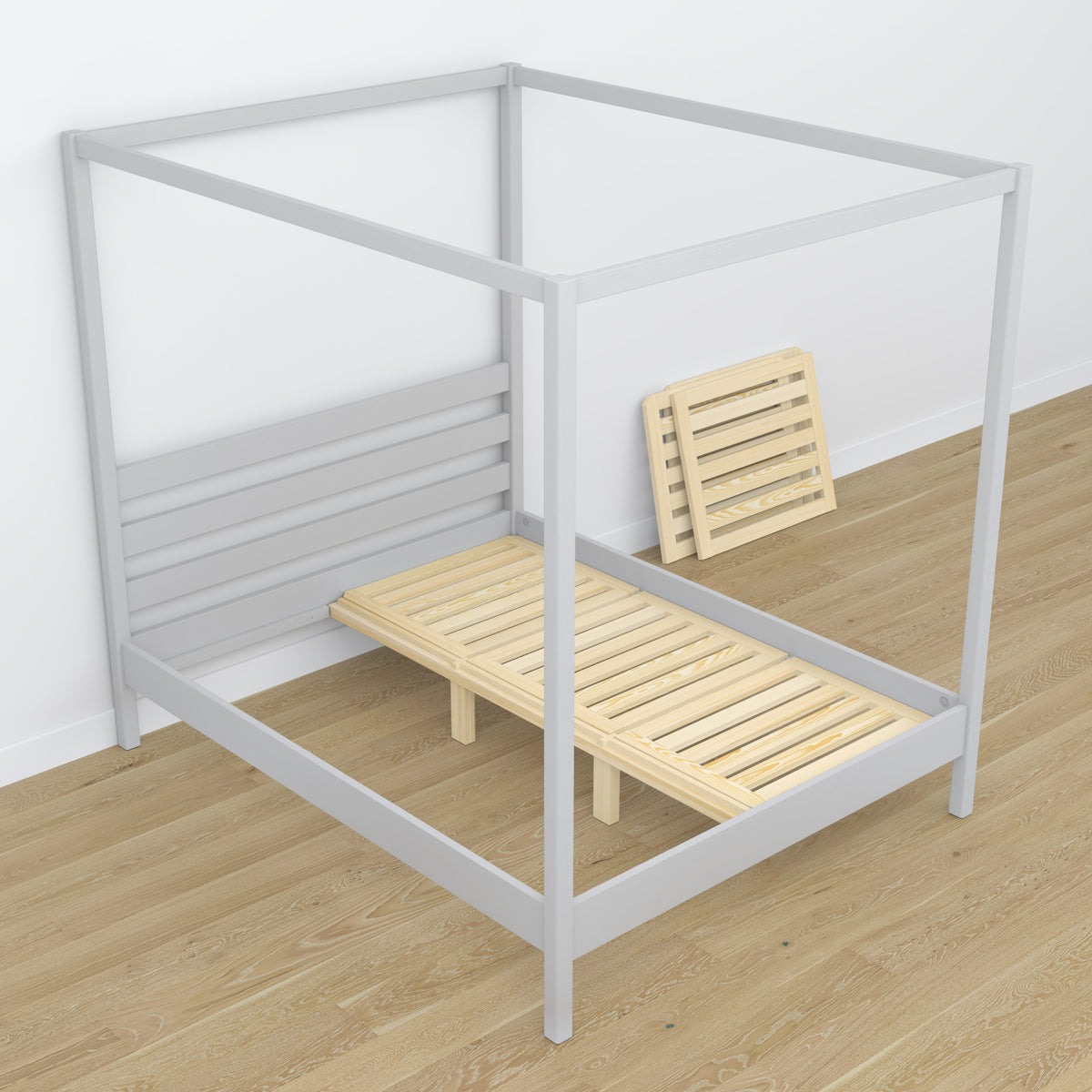 Hemelbed grijs van hout – zijaanzicht, scandinavische stijl