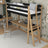 Loft bed black/oak – wooden desk under the sleeping area, scandi children’s room