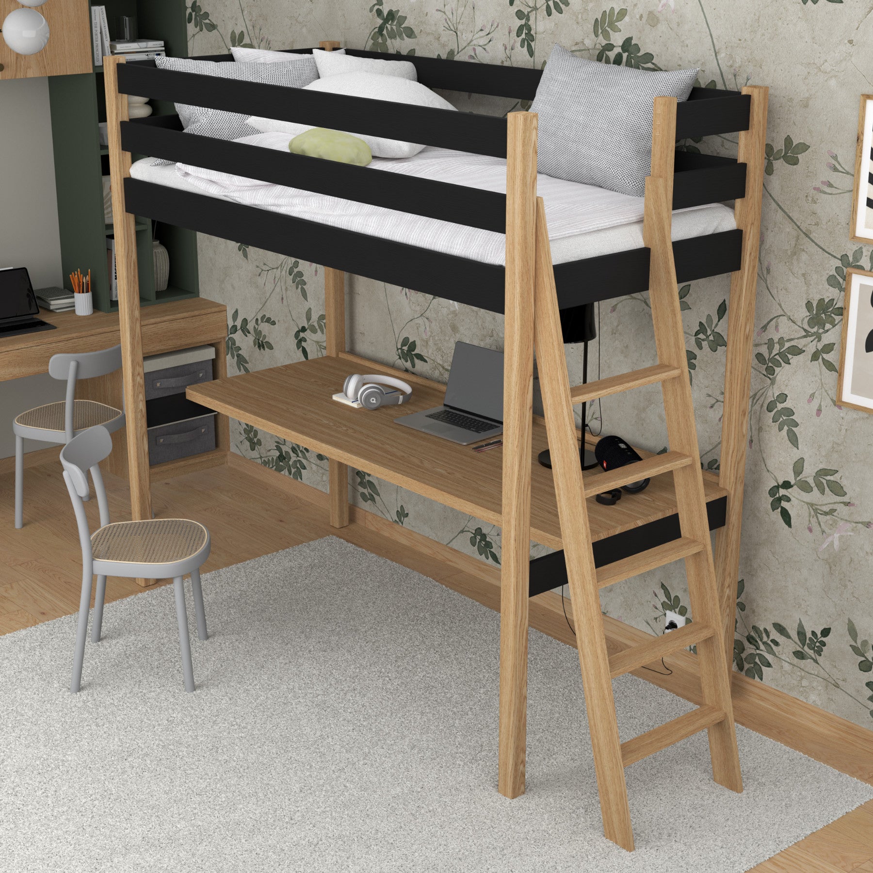 Loft bed black/oak – wooden desk under the sleeping area, scandi children’s room
