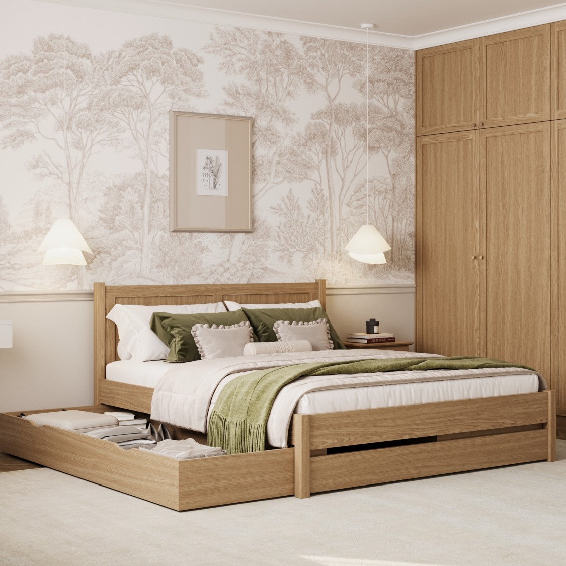 Tweepersoonsbed met lade eiken naturel eiken – lade open, ruim interieur