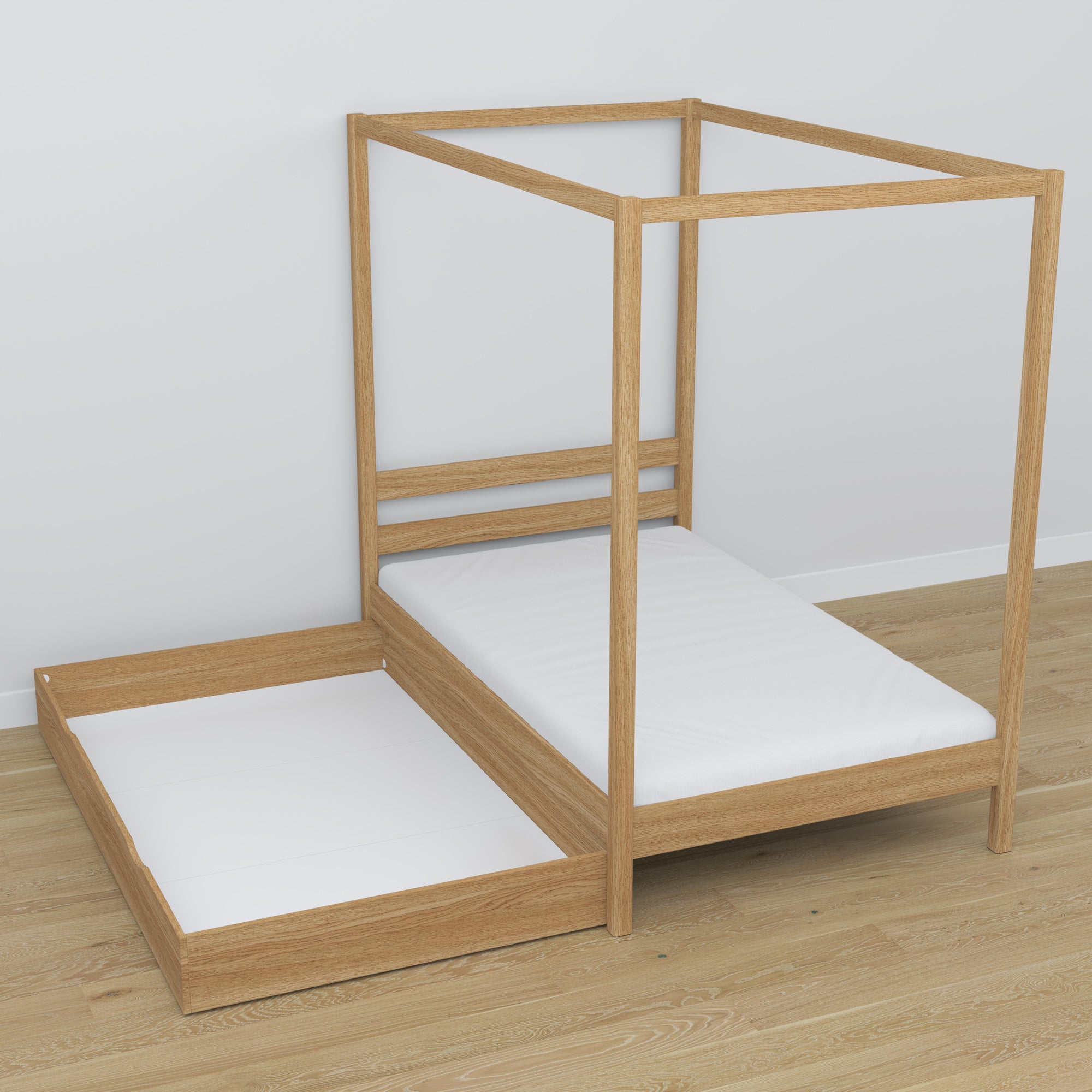 Bed naturel eiken met hemel en lade – zijaanzicht, eiken