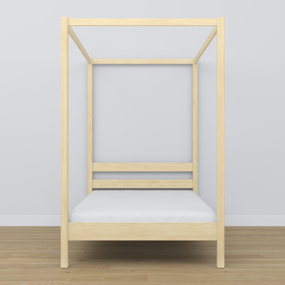 Hemelbed houten transparant grenen – close-up op hemel en hoofdeinde