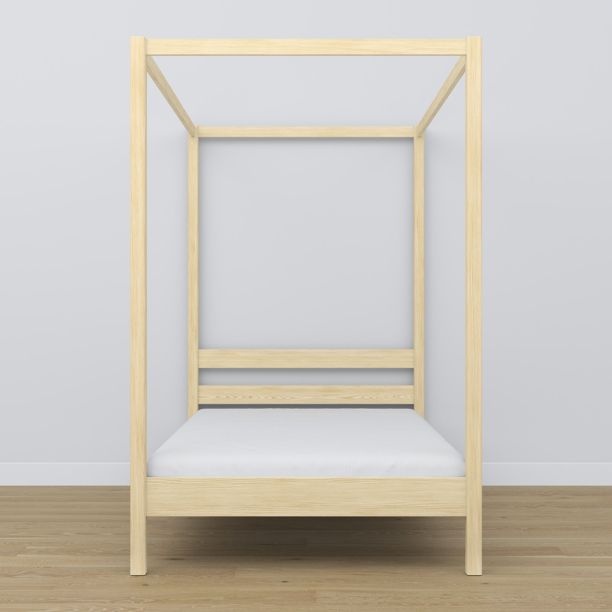 Hemelbed houten transparant grenen – close-up op hemel en hoofdeinde
