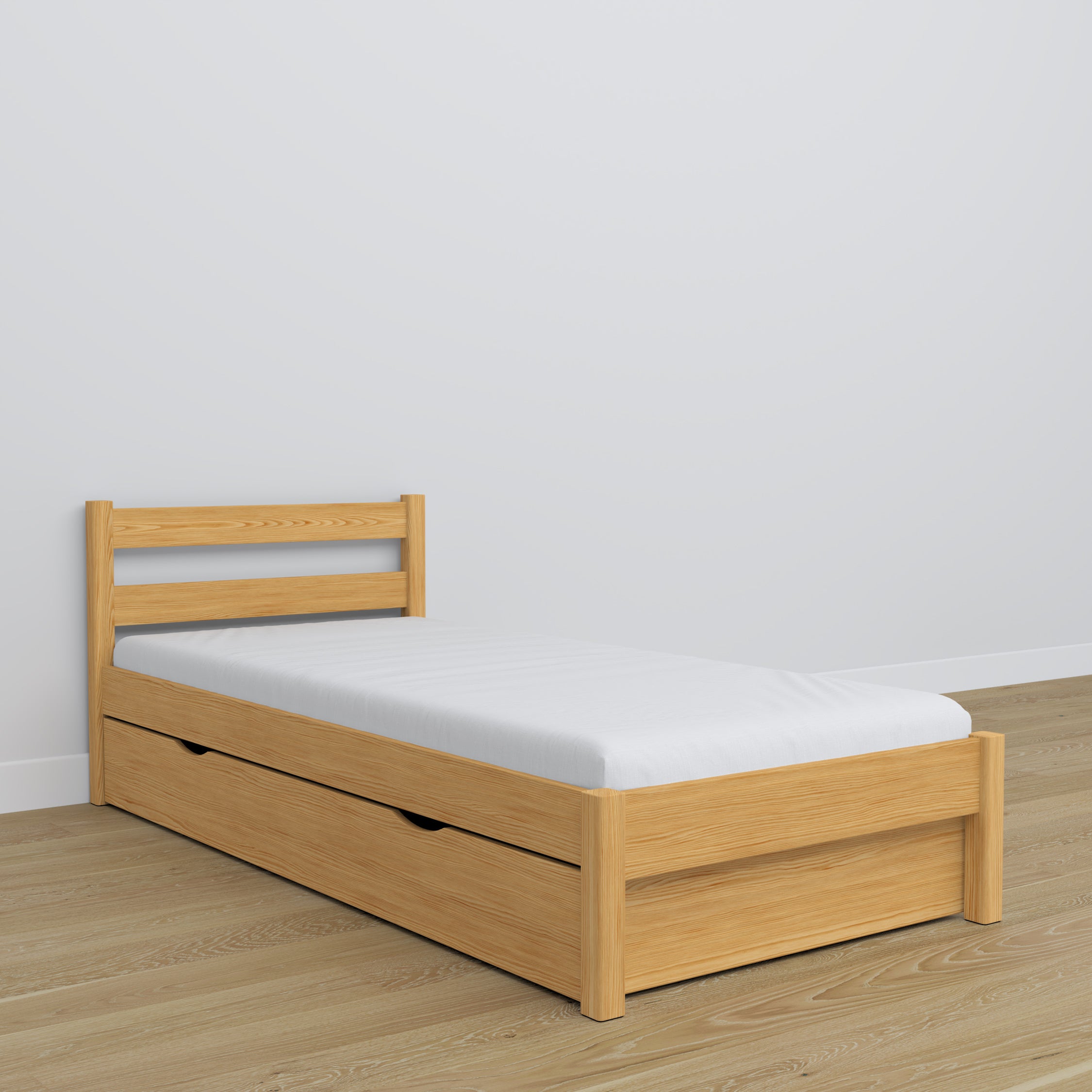 Lit pin naturel z tiroir – prowadnice i détails en bois, Nizio