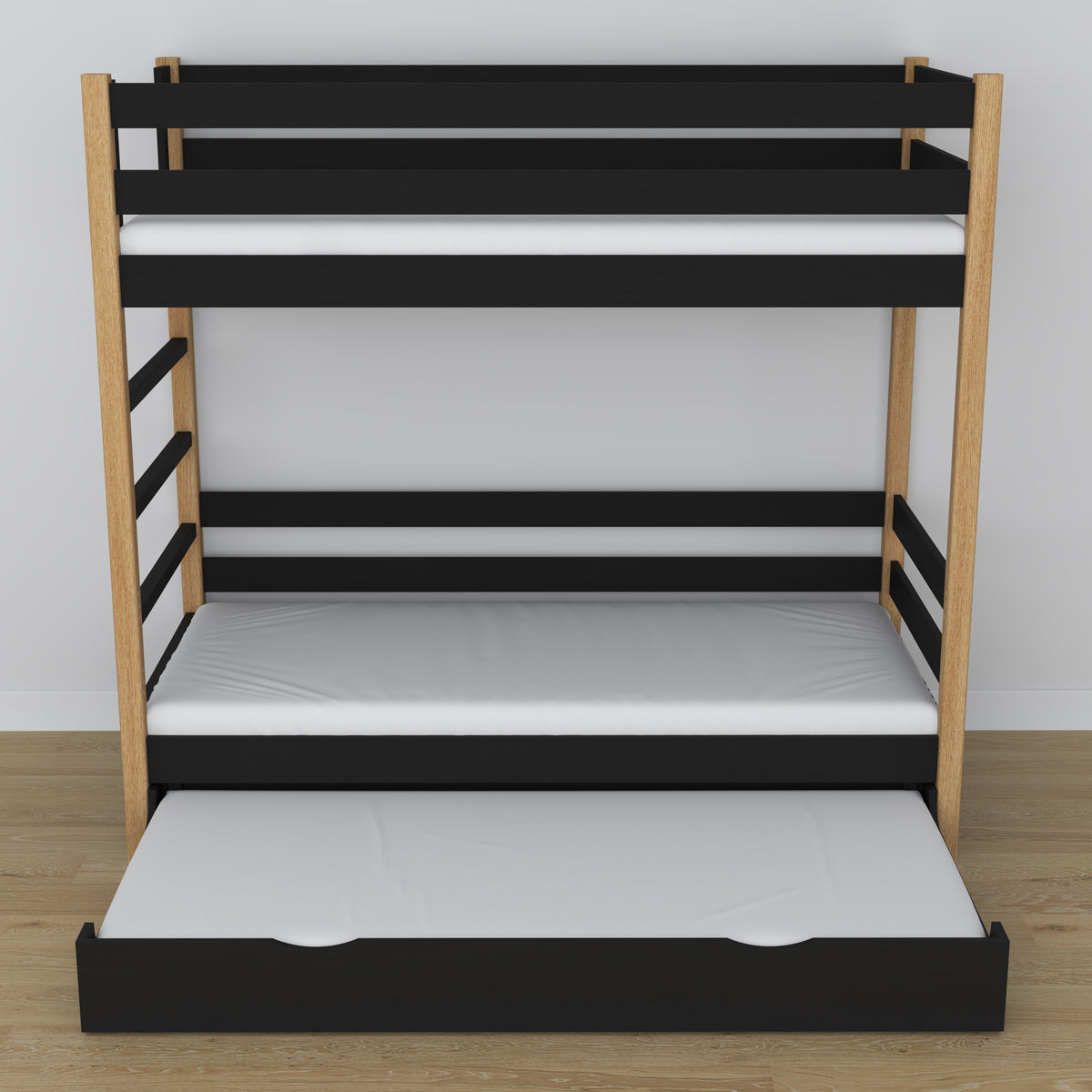 Stapelbed houten zwart-eiken – afmetingen en schema met matraslade