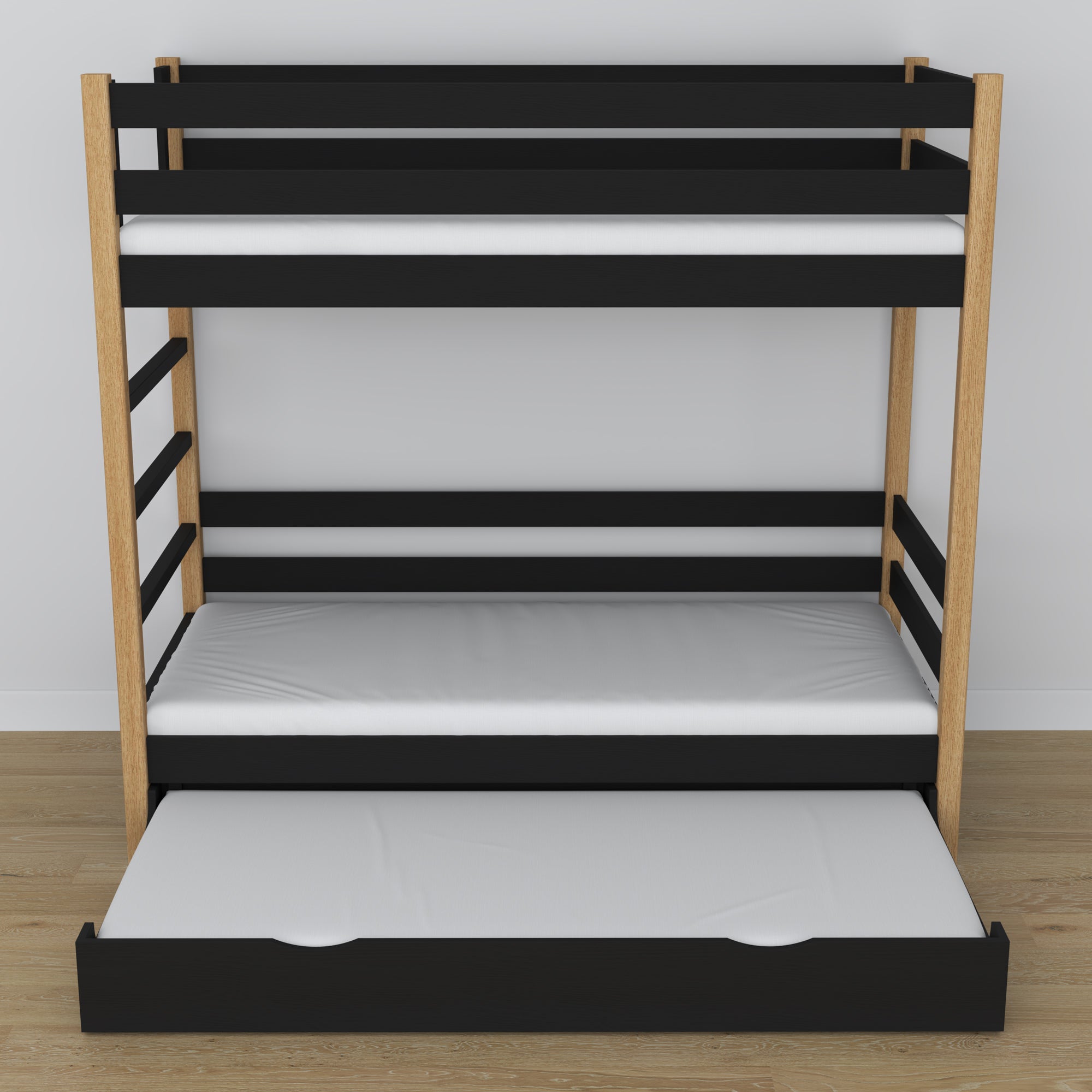 Stapelbed houten zwart-eiken – afmetingen en schema met matraslade