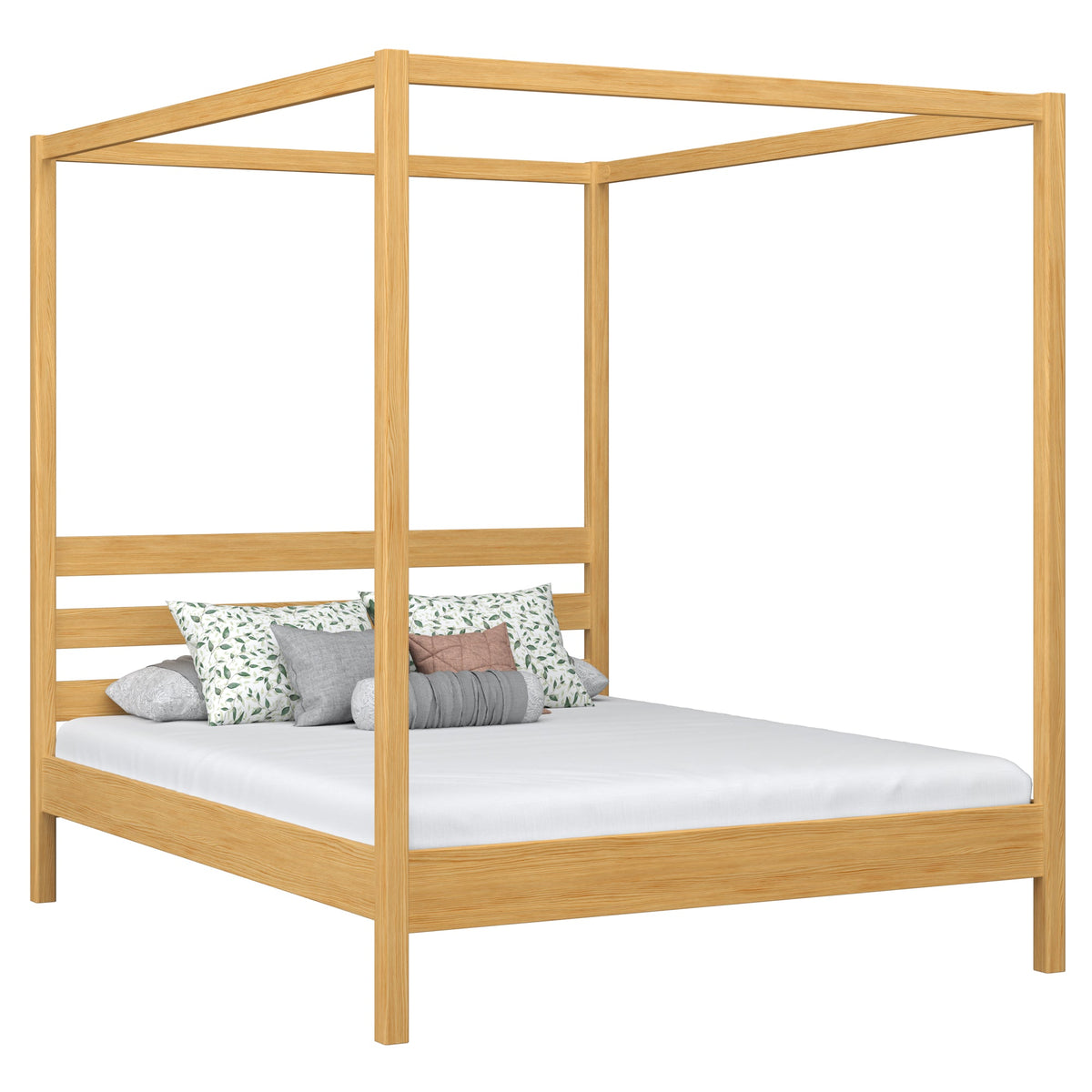 Lit double à baldaquin pin naturel – sommier i lattes, en bois, Nizio