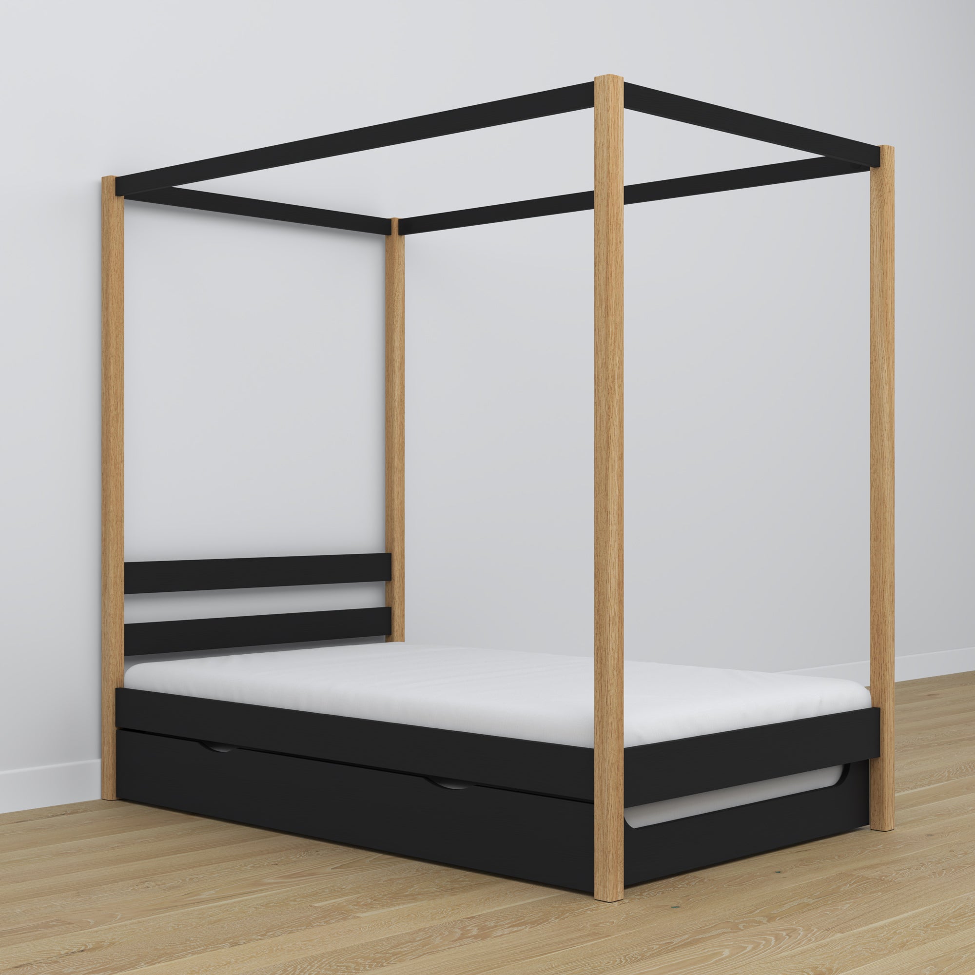 Bed zwart-eiken met hemel – lade voor extra matras, houten