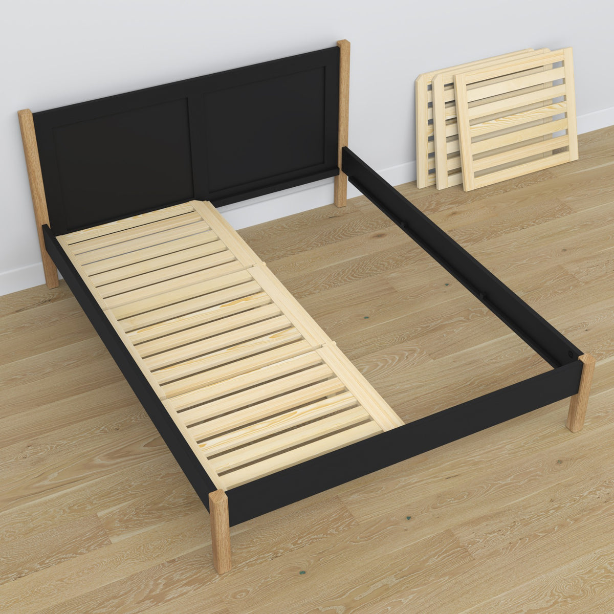 Houten tweepersoons bed zwart-eiken – afmetingen en schema, Nizio Home