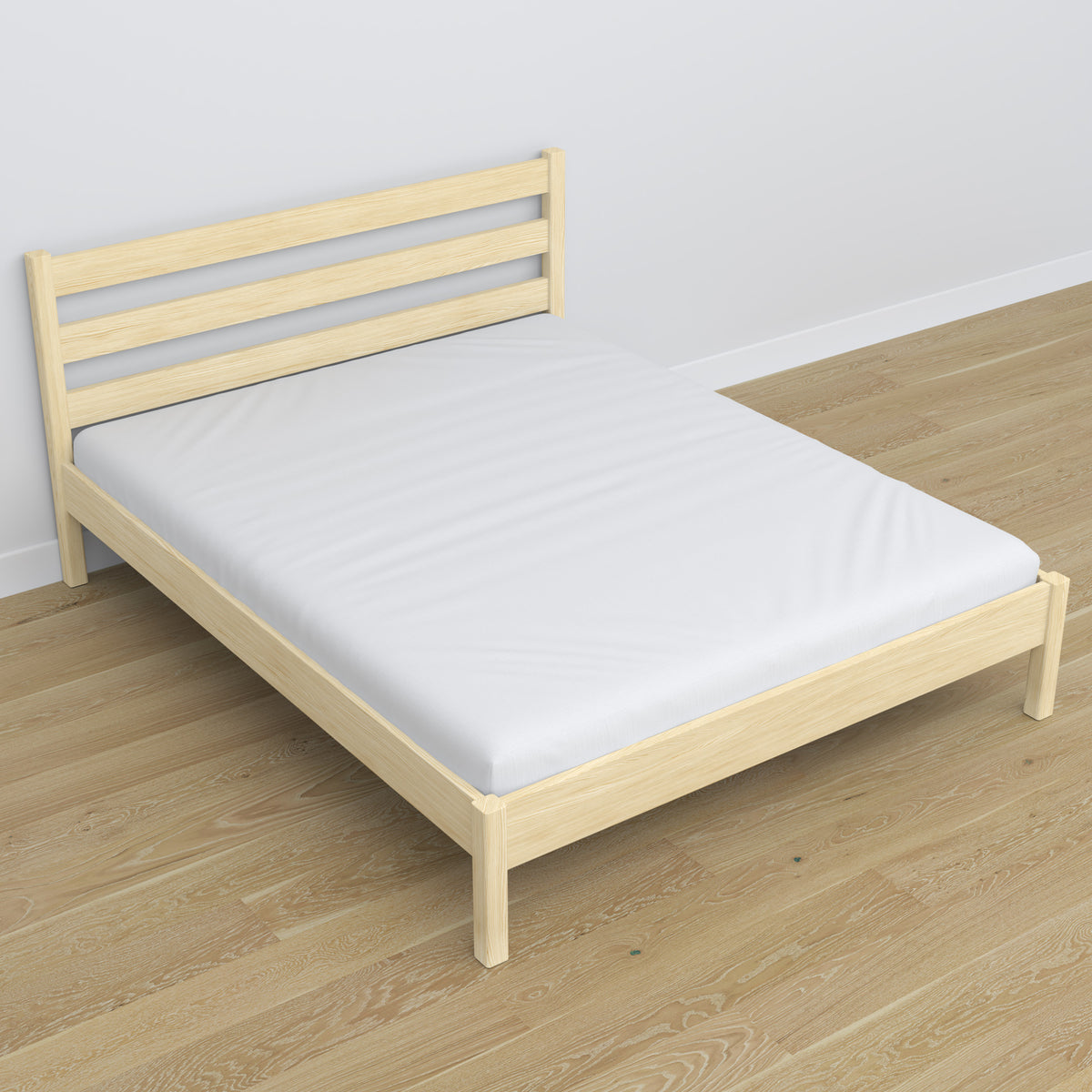Tweepersoonsbed transparant grenen in slaapkamer – inrichting met beddengoed, scandi stijl