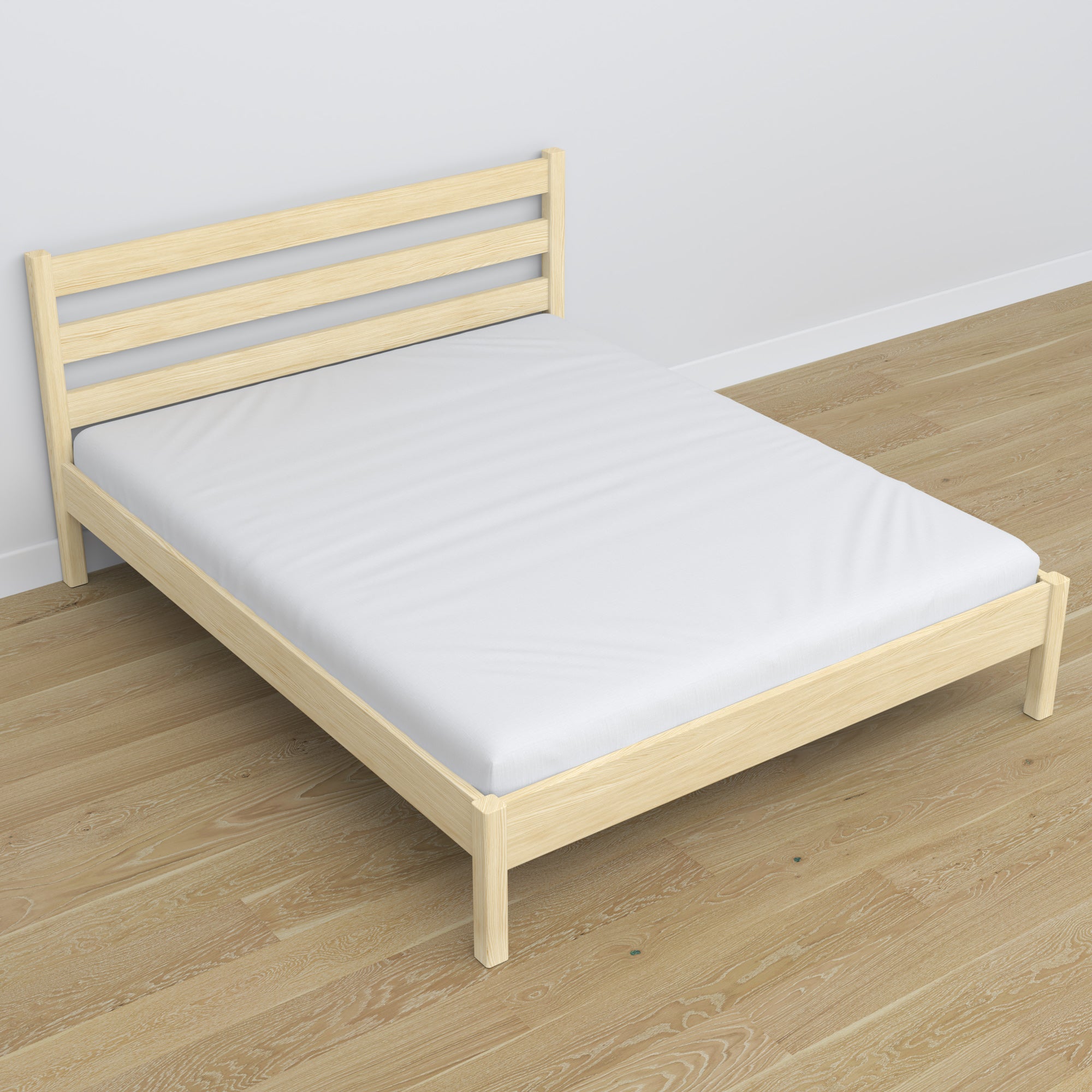Tweepersoonsbed transparant grenen in slaapkamer – inrichting met beddengoed, scandi stijl