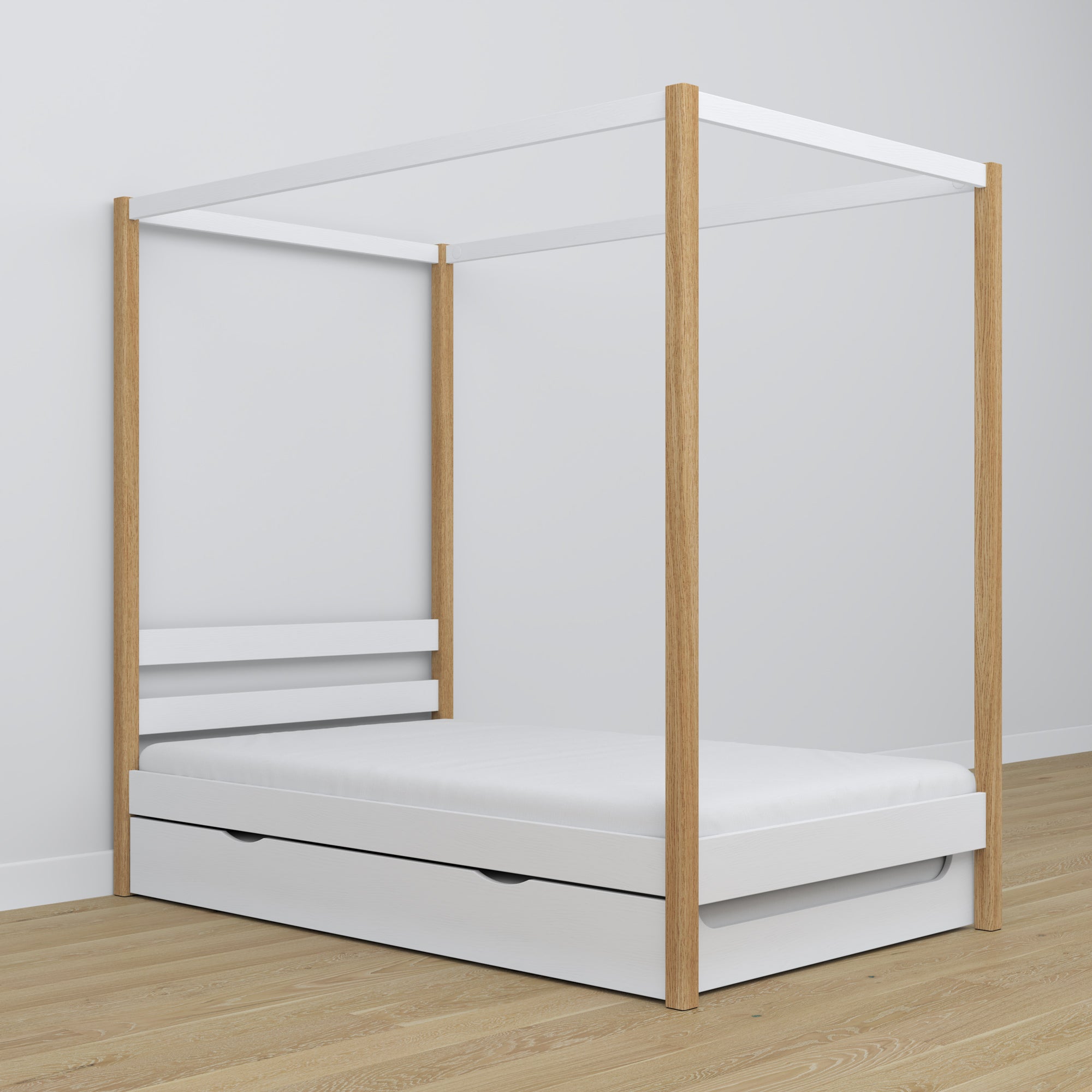 Lit blanc-chêne avec baldaquin – tiroir na dodatkowy matelas, en bois