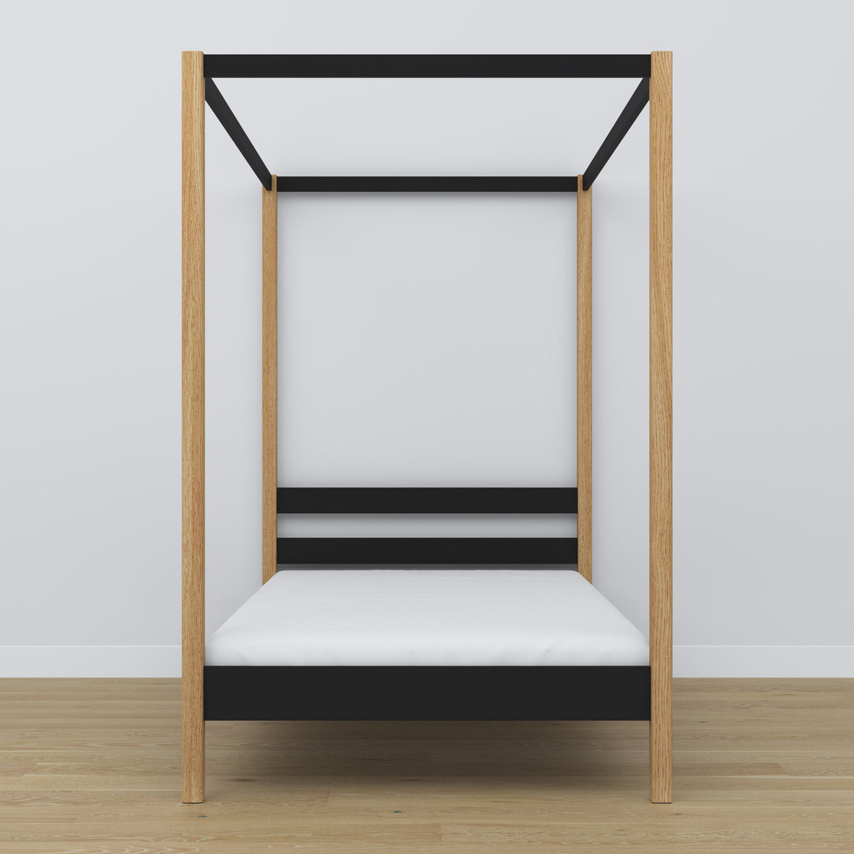 Hemelbed houten zwart-eiken – close-up van hemel en hoofdbord